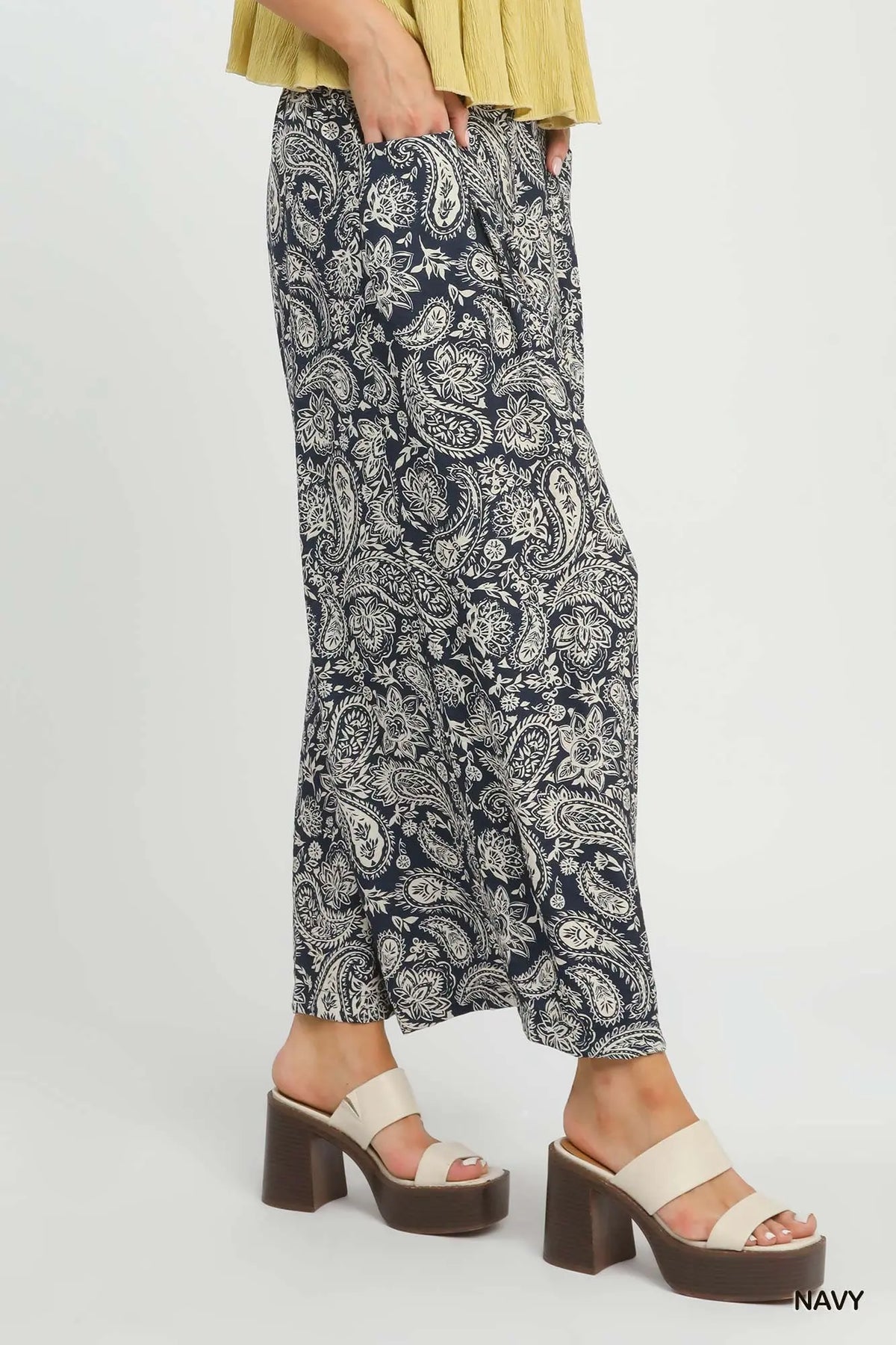 Navy Paisley Wide Leg Pants