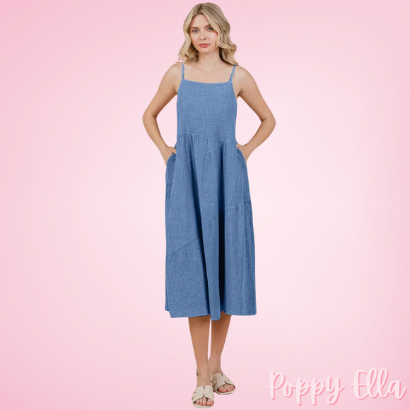 Dusty Blue Midi Gauze Dress