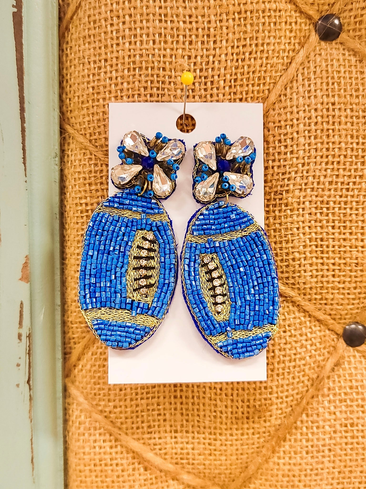 Blue Football Beaded Earrings