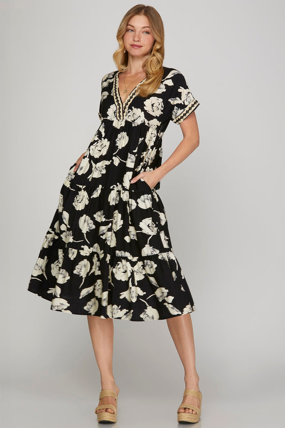 Black Floral Midi Dress