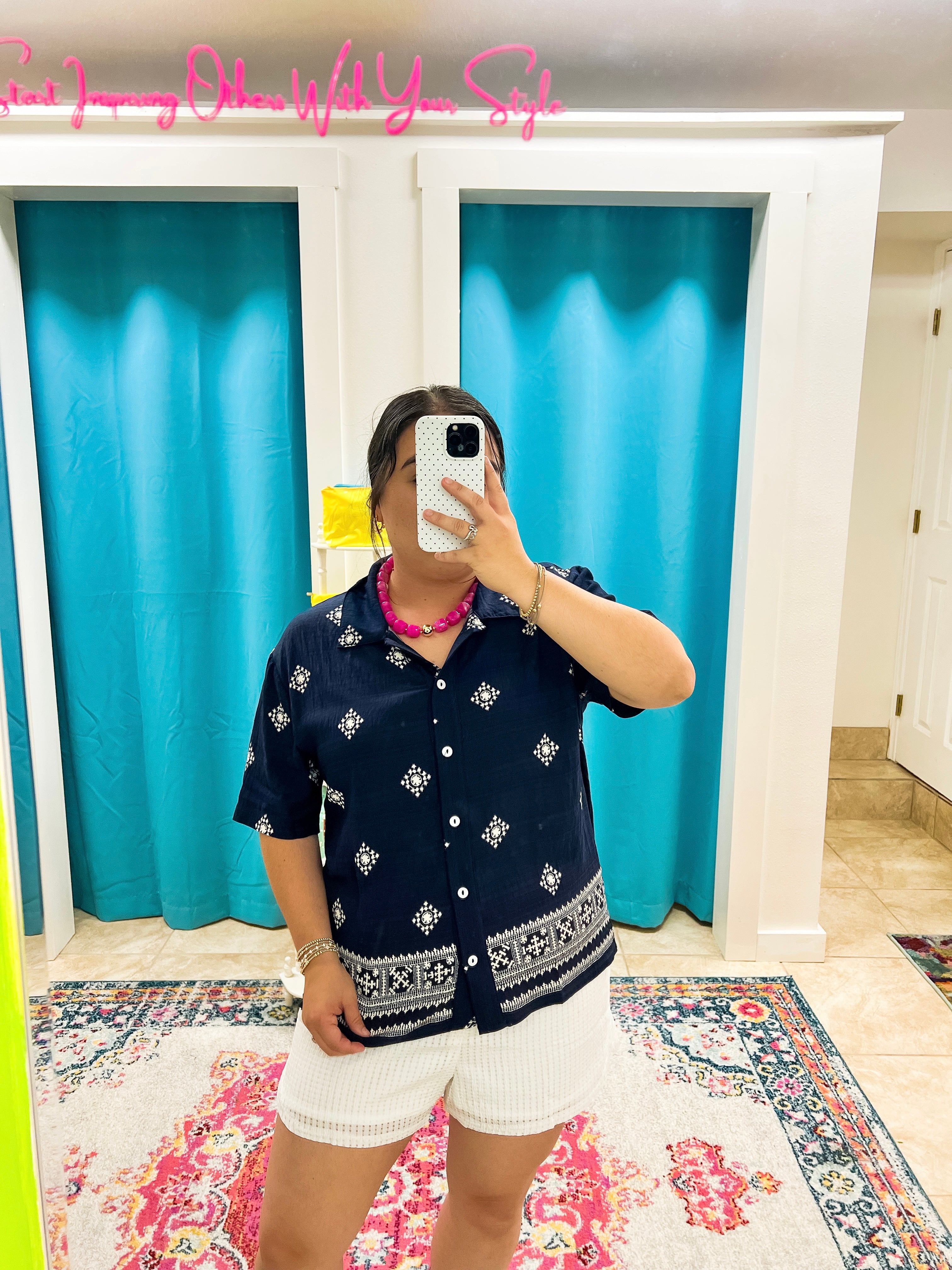 Navy Border Printed Top