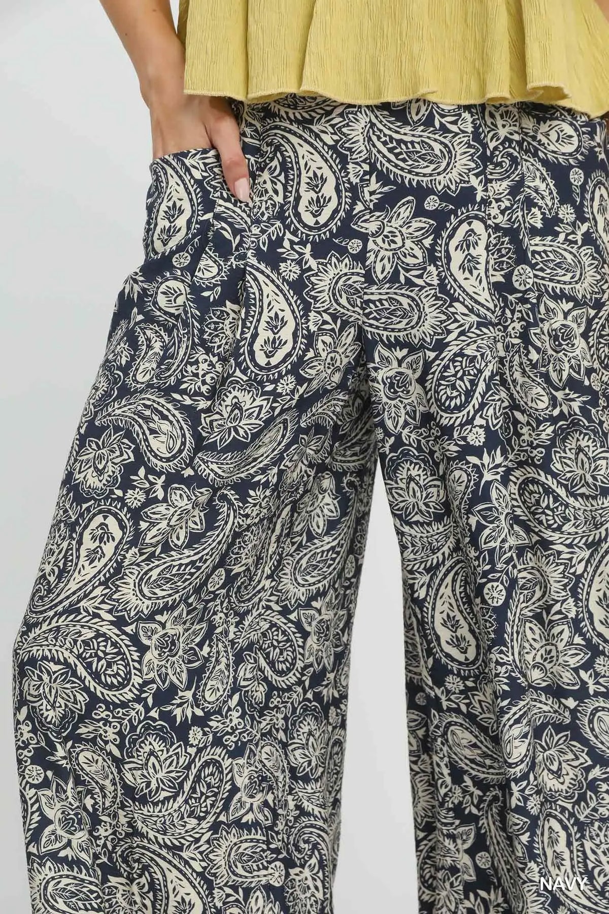 Navy Paisley Wide Leg Pants