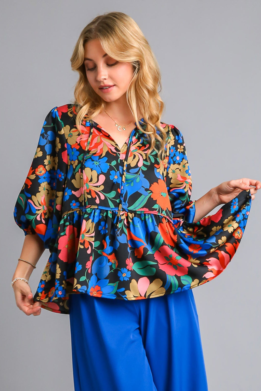 Black Satin Floral Babydoll Blouse