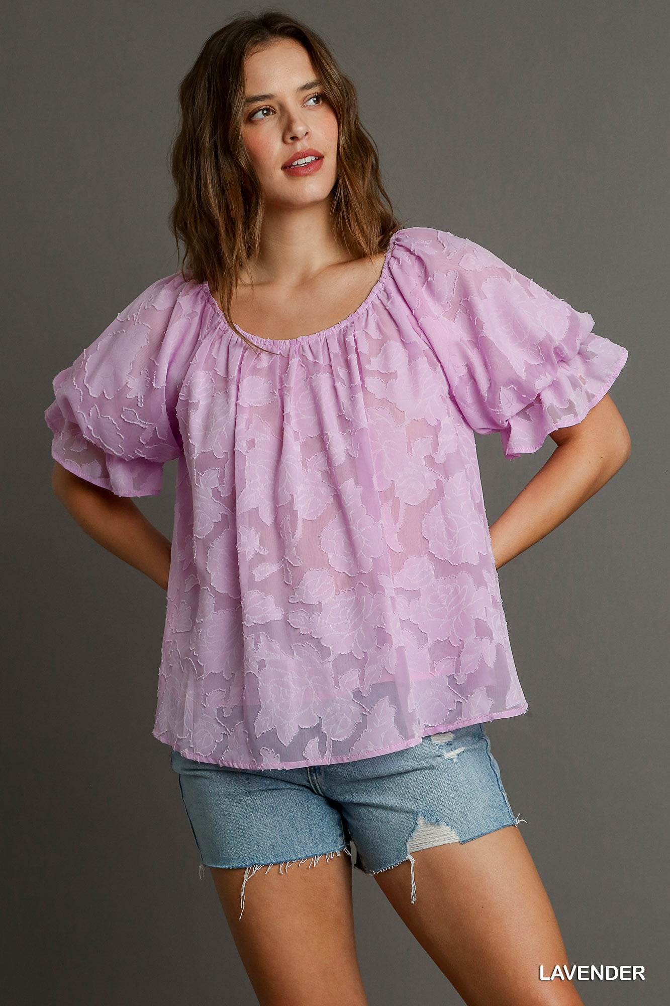 Lavender Bubble Sleeve Blouse (S-2X)