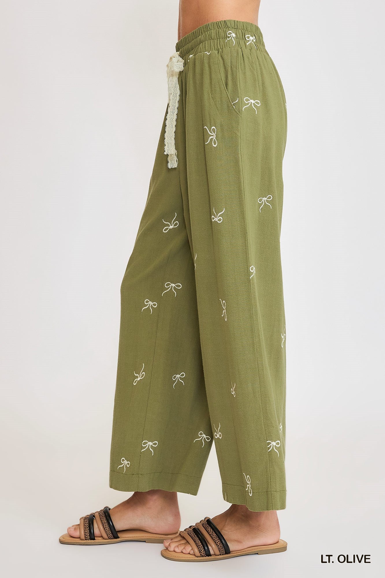Light Olive Embroidered Linen Pants (S-2X)