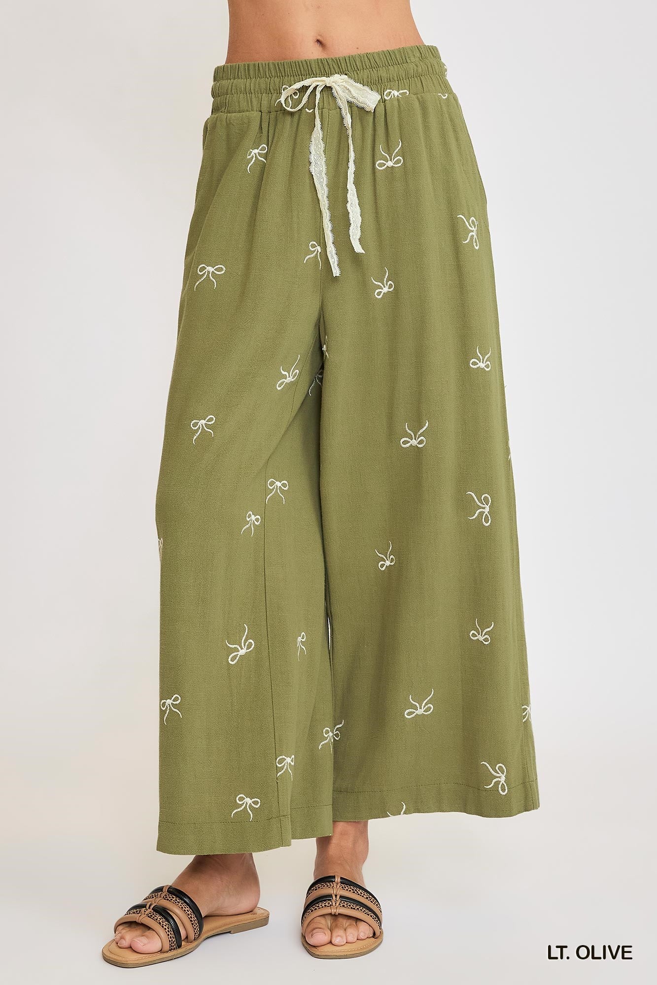 Light Olive Embroidered Linen Pants (S-2X)
