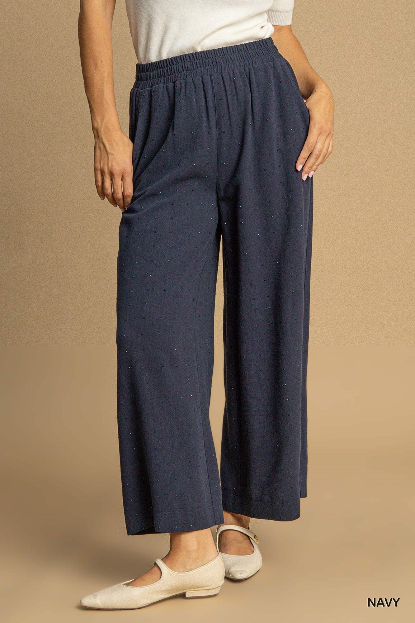 Navy Wide Leg Embellished Pants (S-2X)
