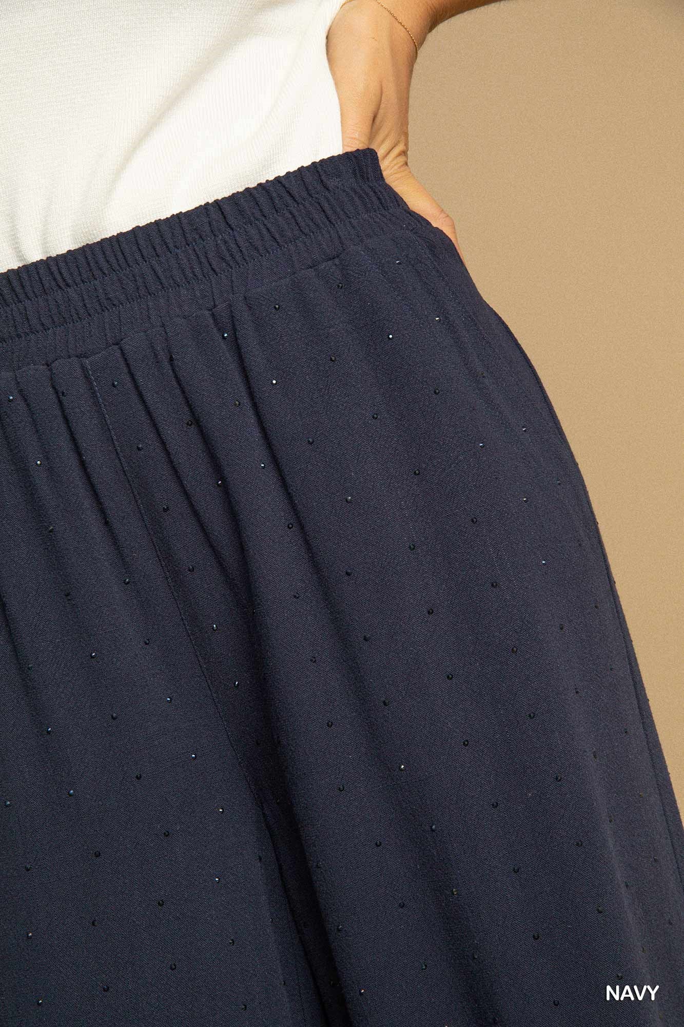 Navy Wide Leg Embellished Pants (S-2X)