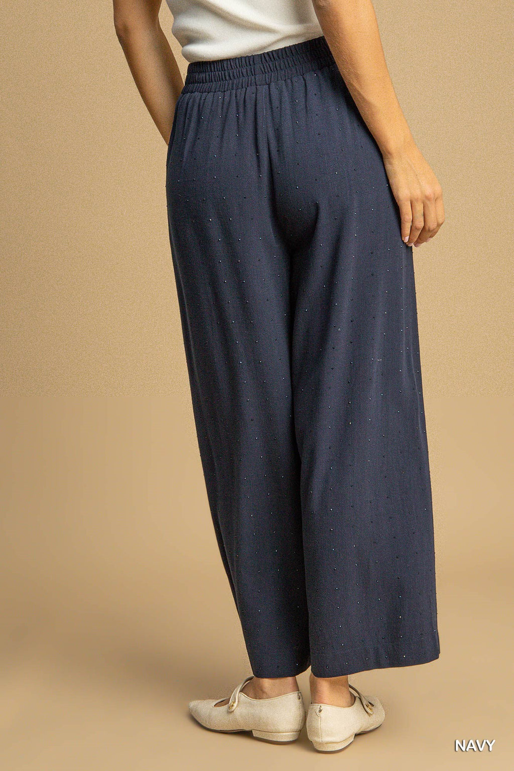 Navy Wide Leg Embellished Pants (S-2X)