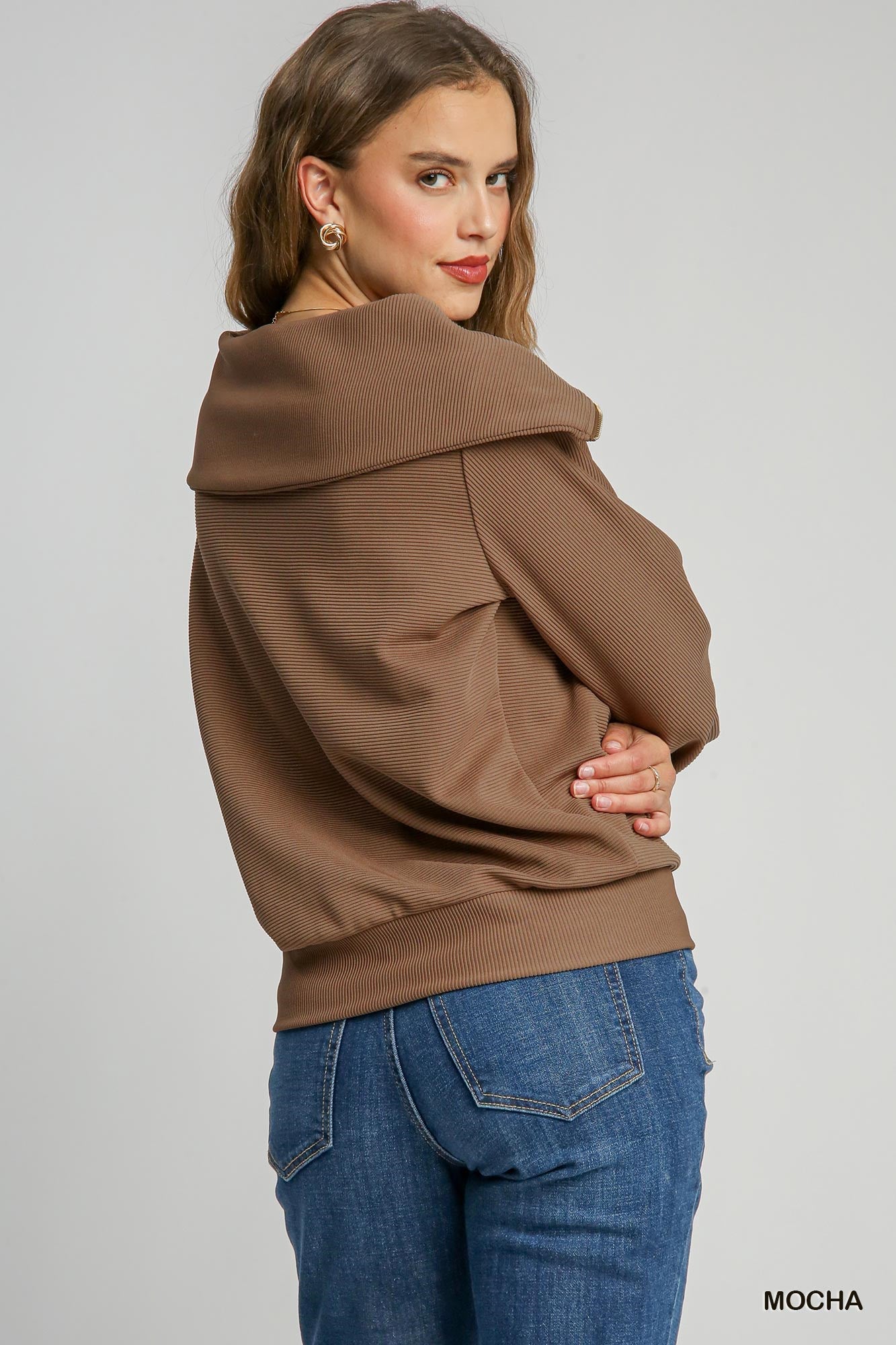 Mocha Ribbed Half Zip Sweater