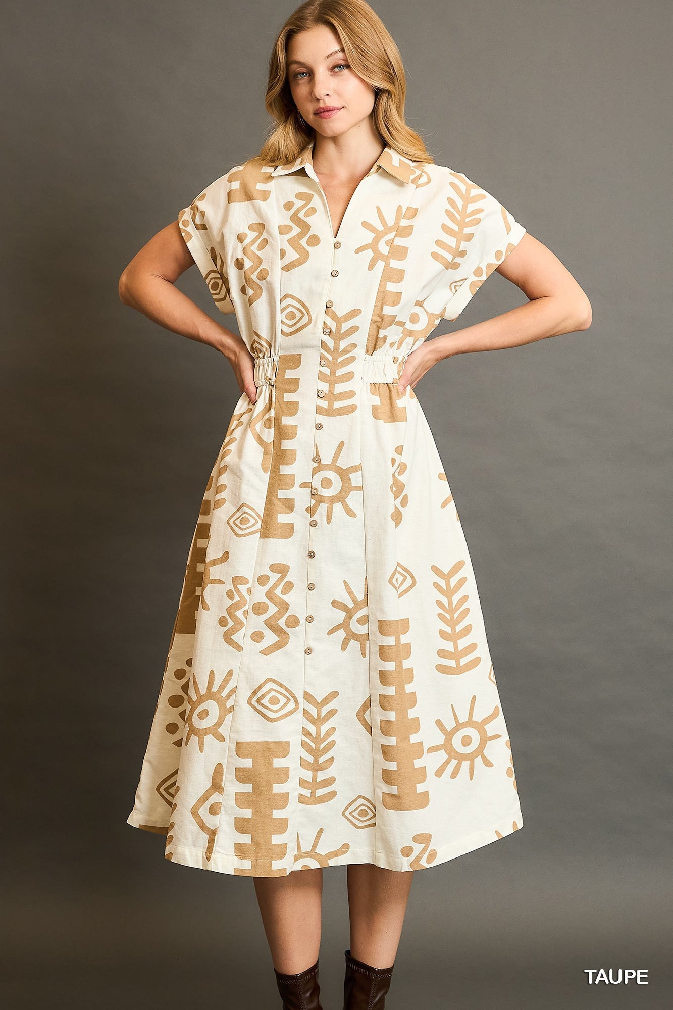 Taupe Abstract Midi Dress (S-2X)