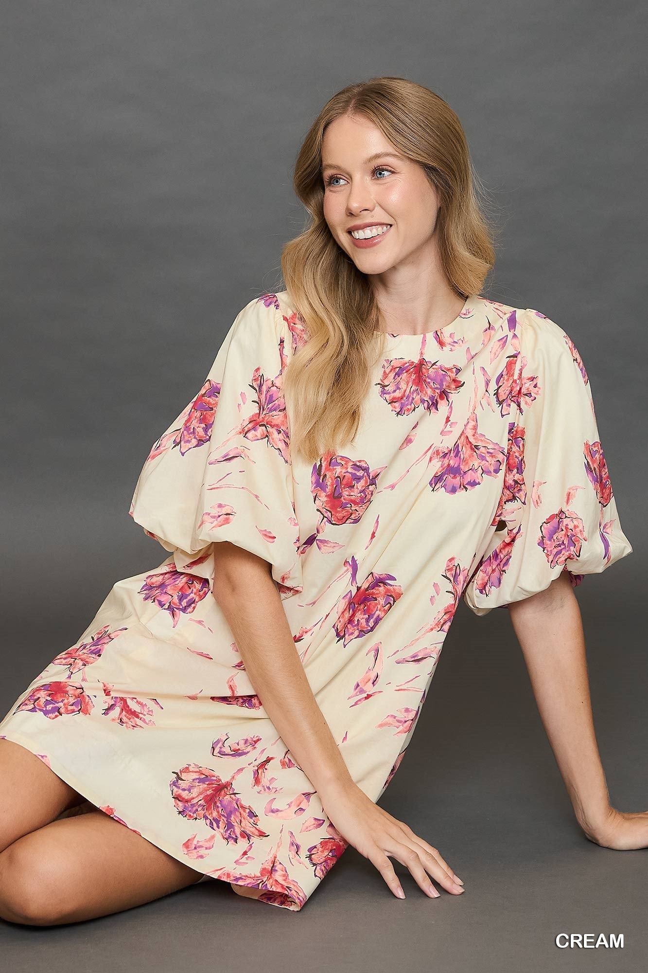 Cream Floral Puff Sleeve Dress (S-L)