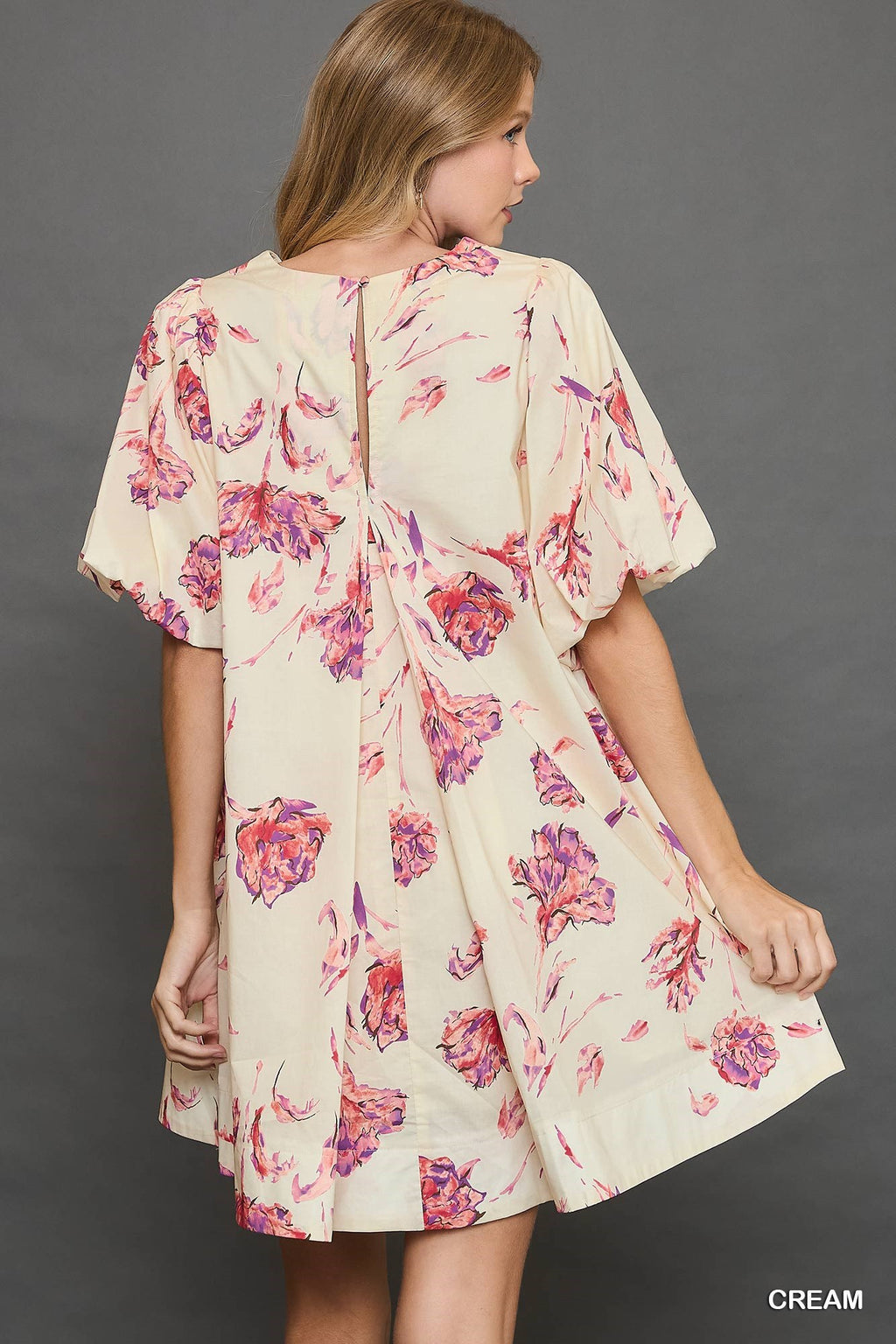 Cream Floral Puff Sleeve Dress (S-L)