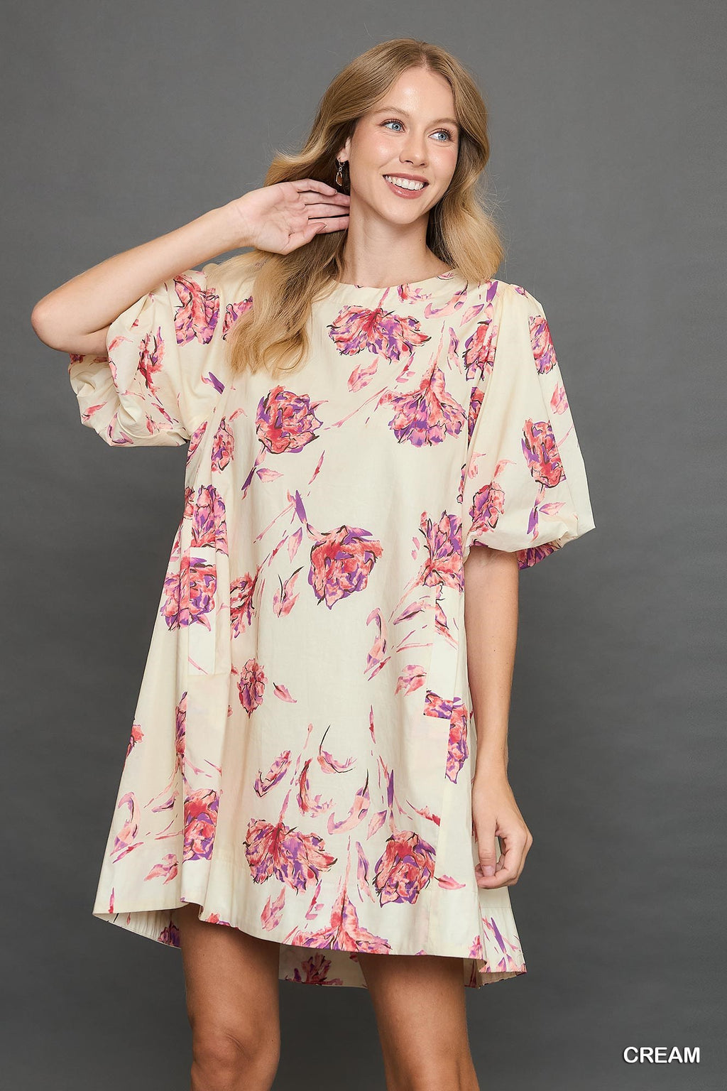 Cream Floral Puff Sleeve Dress (S-L)