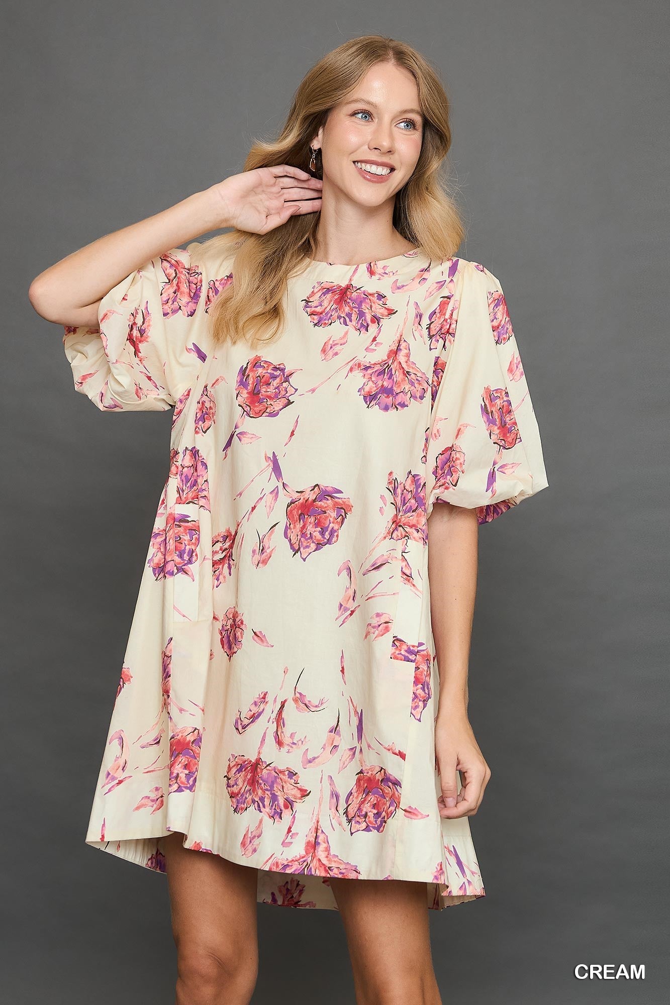 Cream Floral Puff Sleeve Dress (S-L)