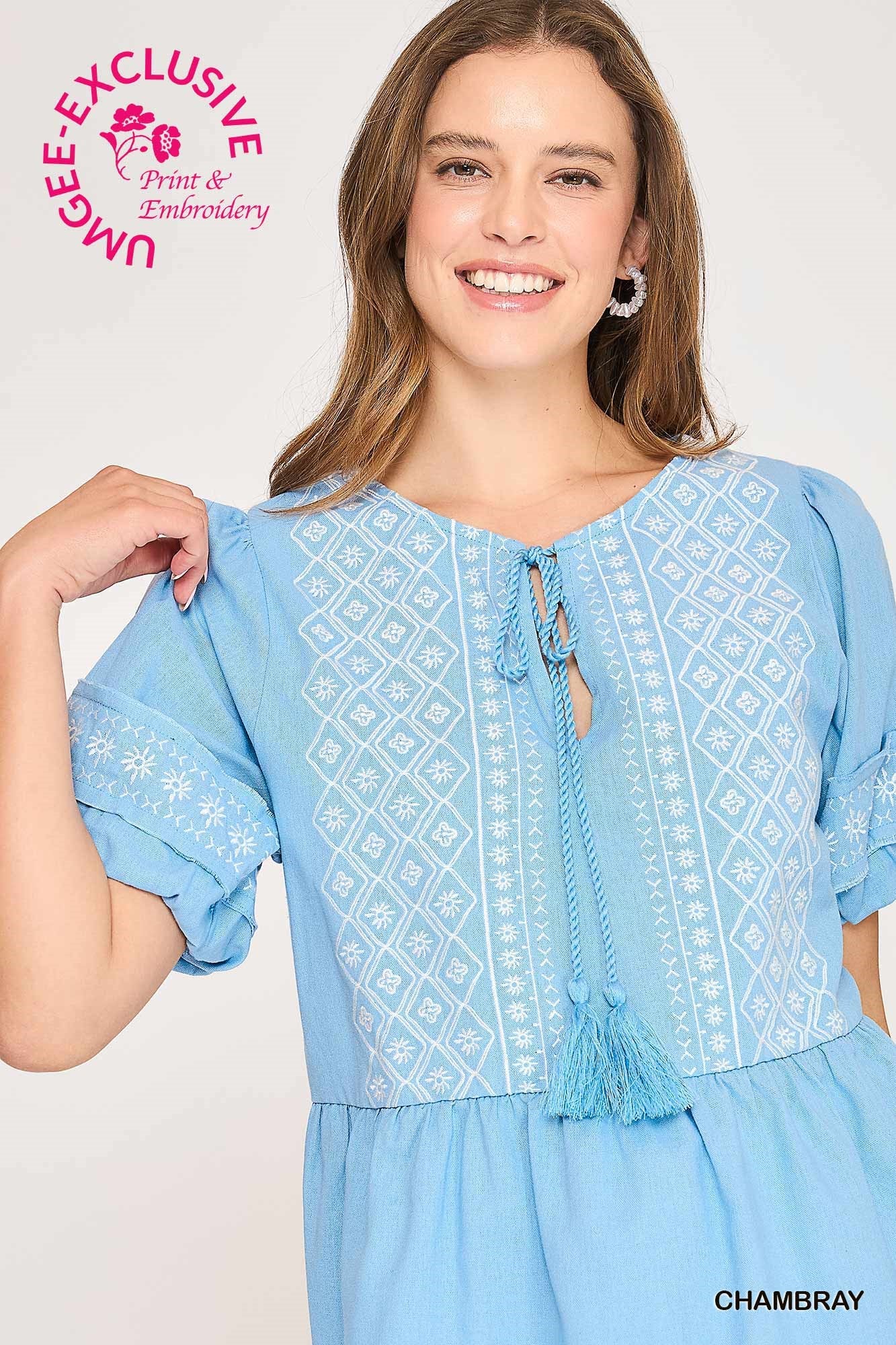 Chambray Embroidered Blouse (S-L)