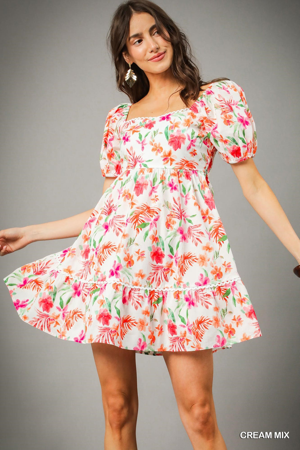 Cream Floral Puff Sleeve Babydoll Dress (S-2X)