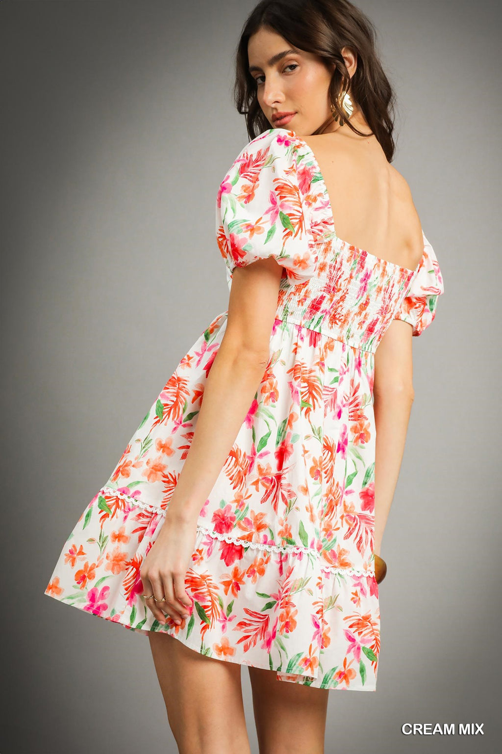 Cream Floral Puff Sleeve Babydoll Dress (S-2X)