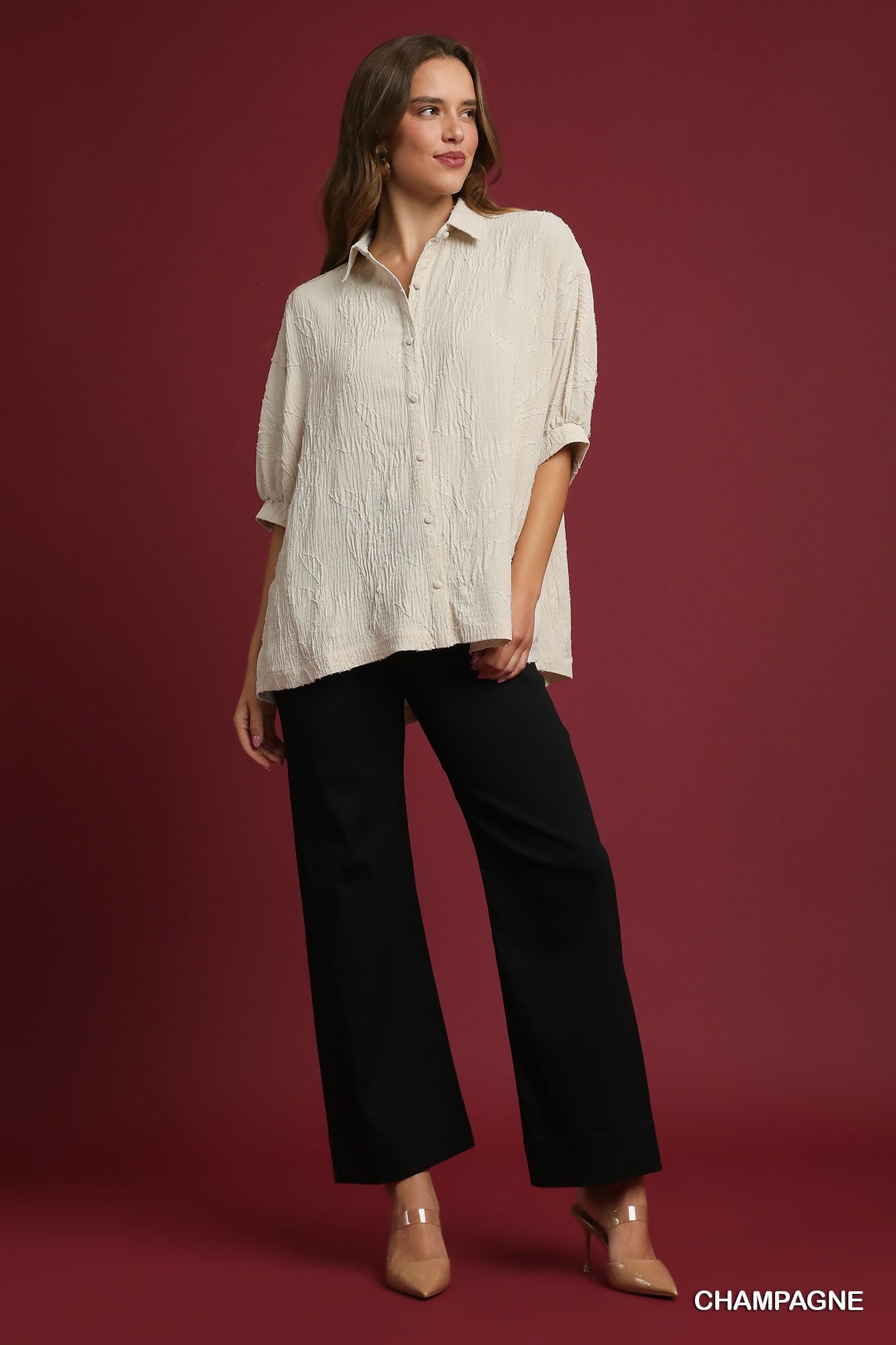 Cream Textured Button-Down Blouse (S-L)