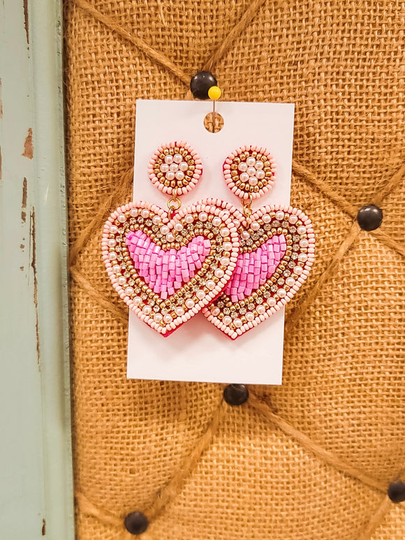 Pink Heart Beaded Earrings