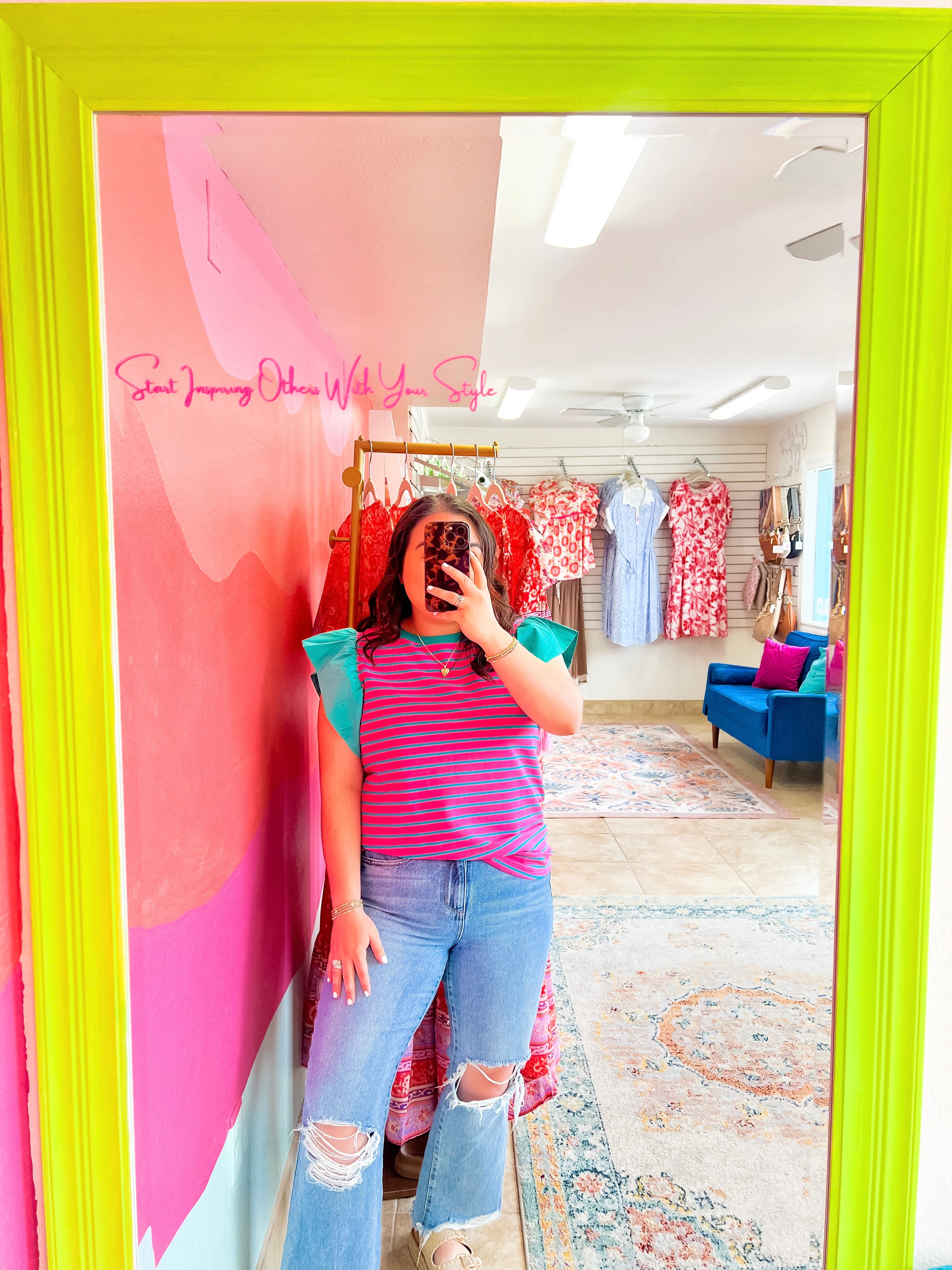Pink Striped Ruffle Sleeve Blouse