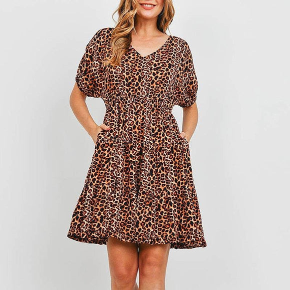 Leopard Puff Sleeve Tiered Dress