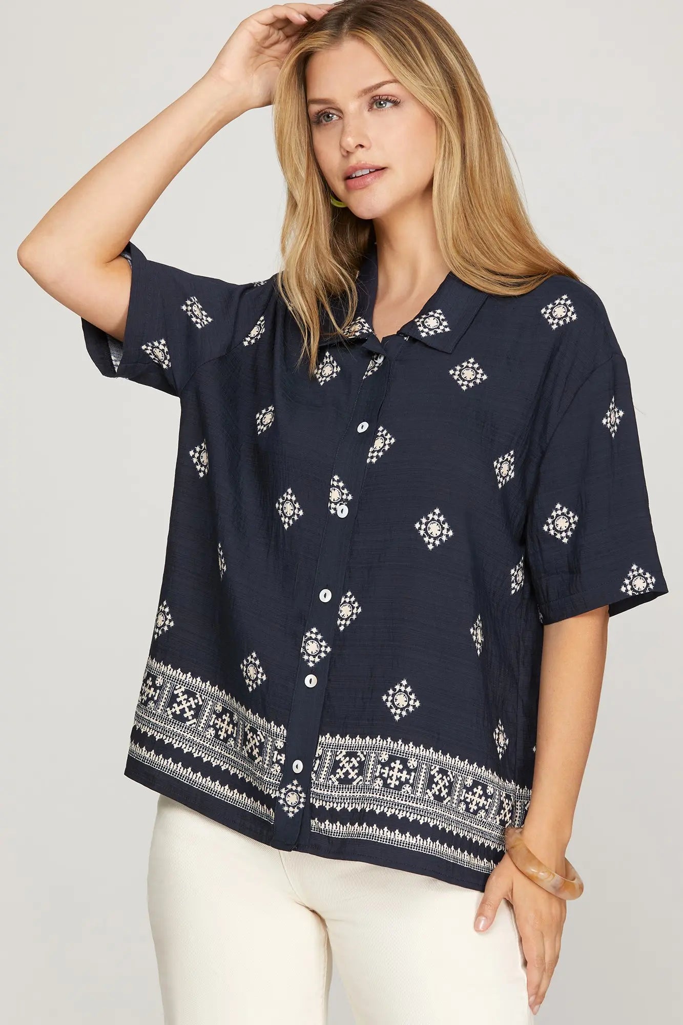 Navy Border Printed Top