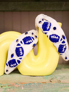 White + Royal Football Beaded Headband