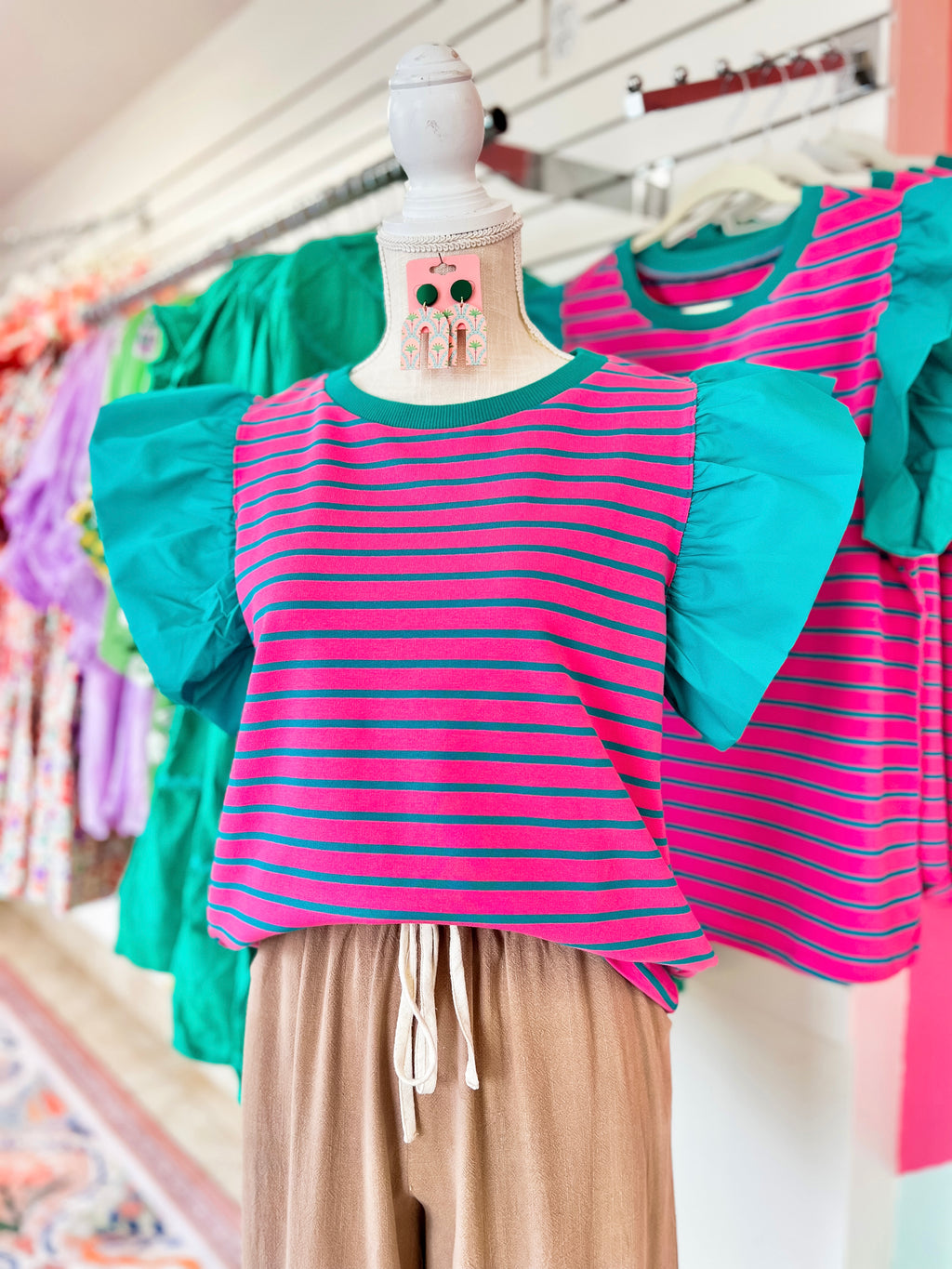 Pink Striped Ruffle Sleeve Blouse