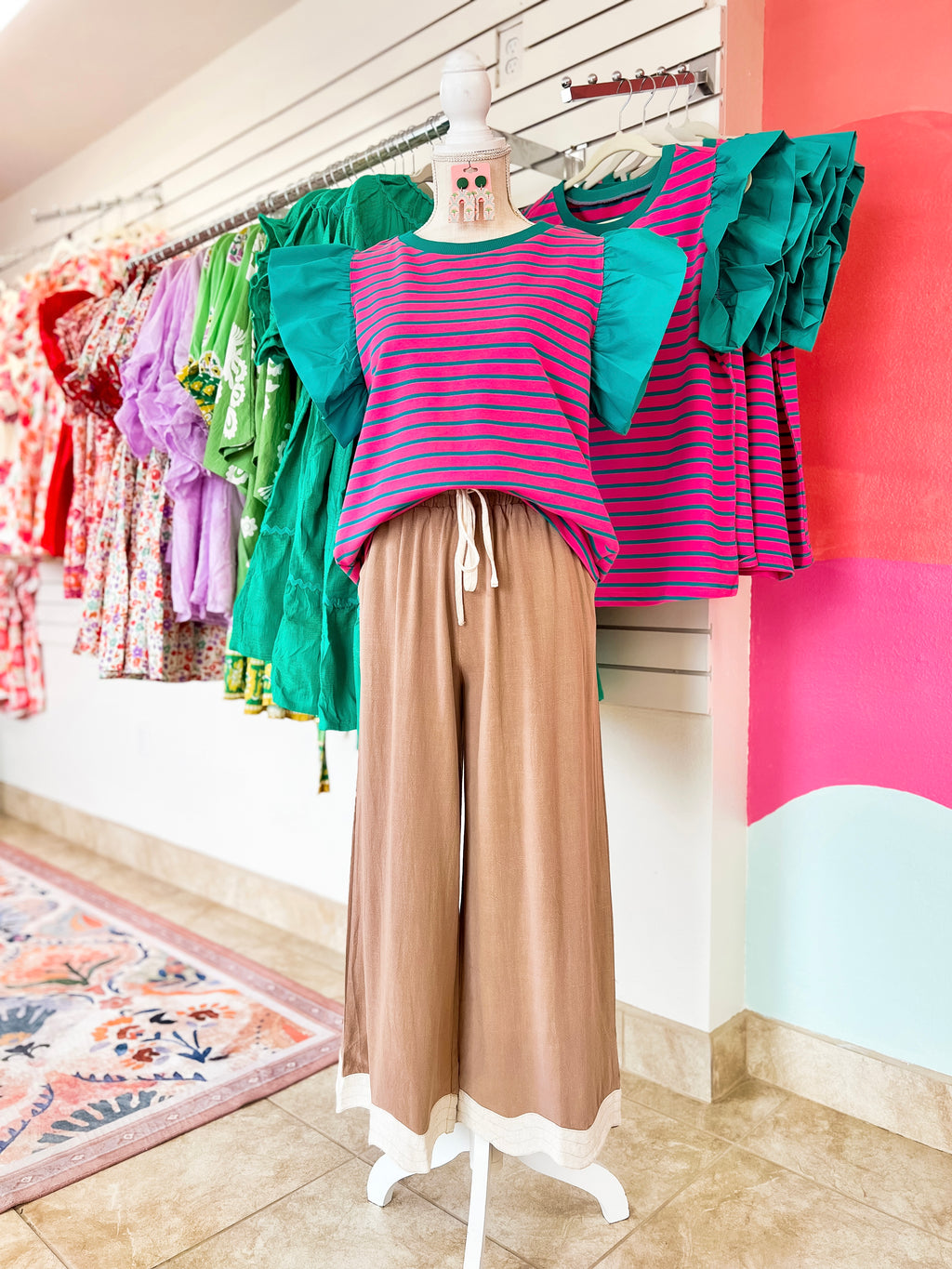 Pink Striped Ruffle Sleeve Blouse