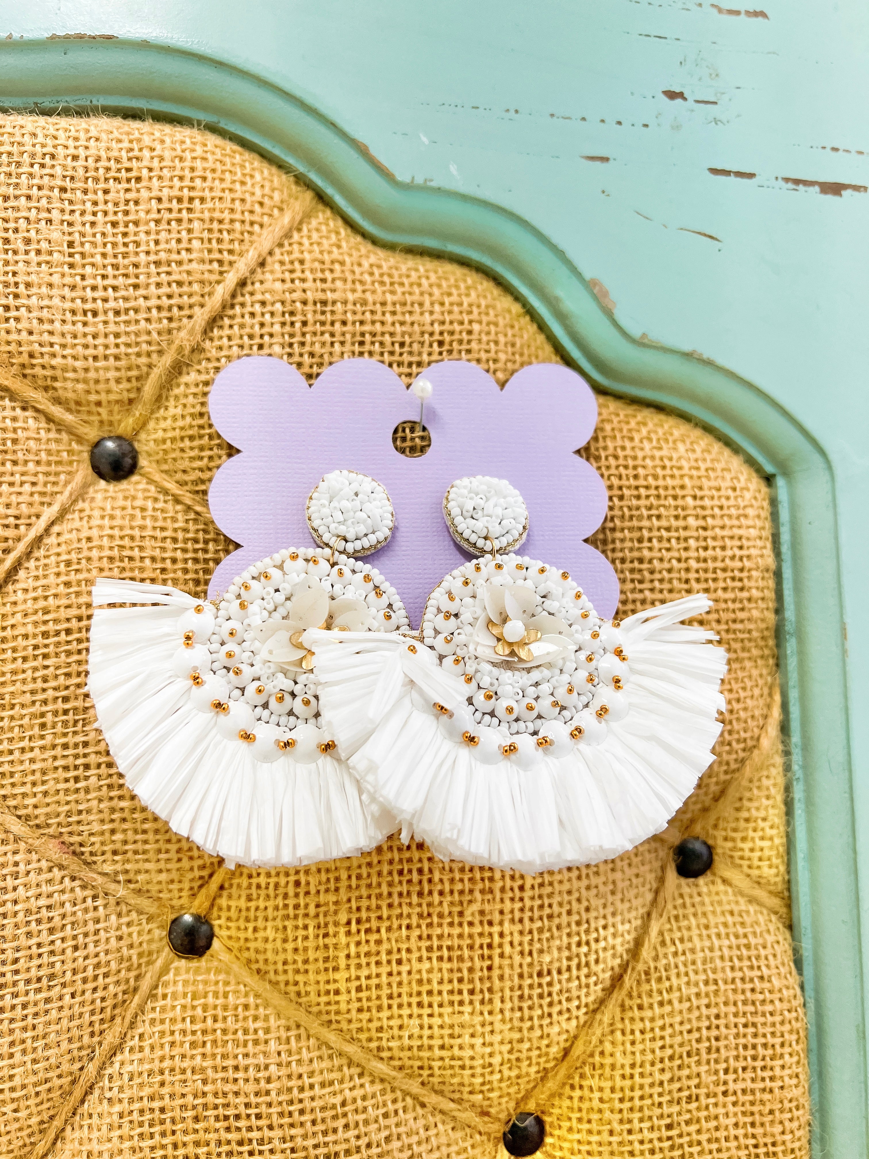 White Raffia Fan Earrings