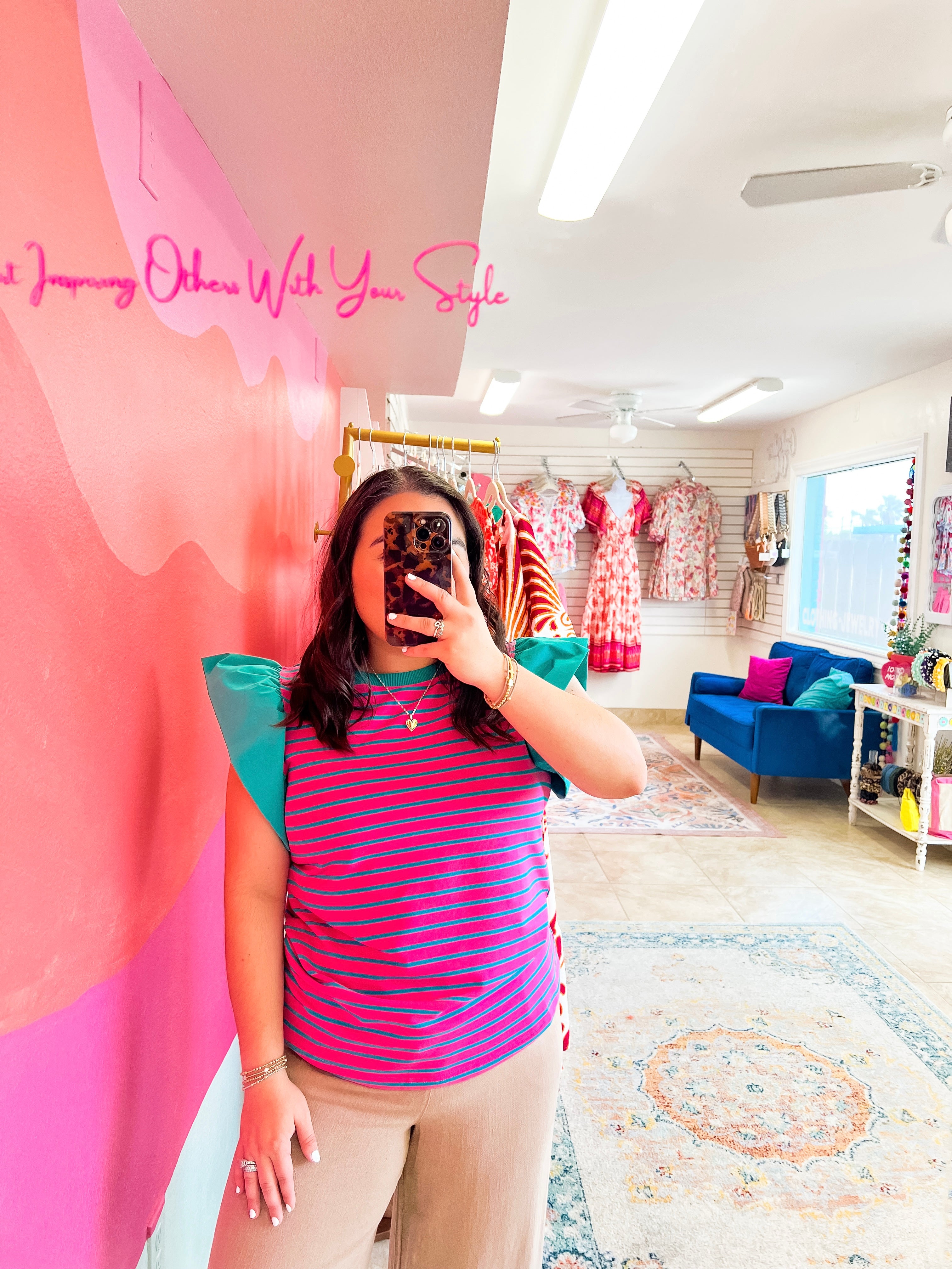 Pink Striped Ruffle Sleeve Blouse