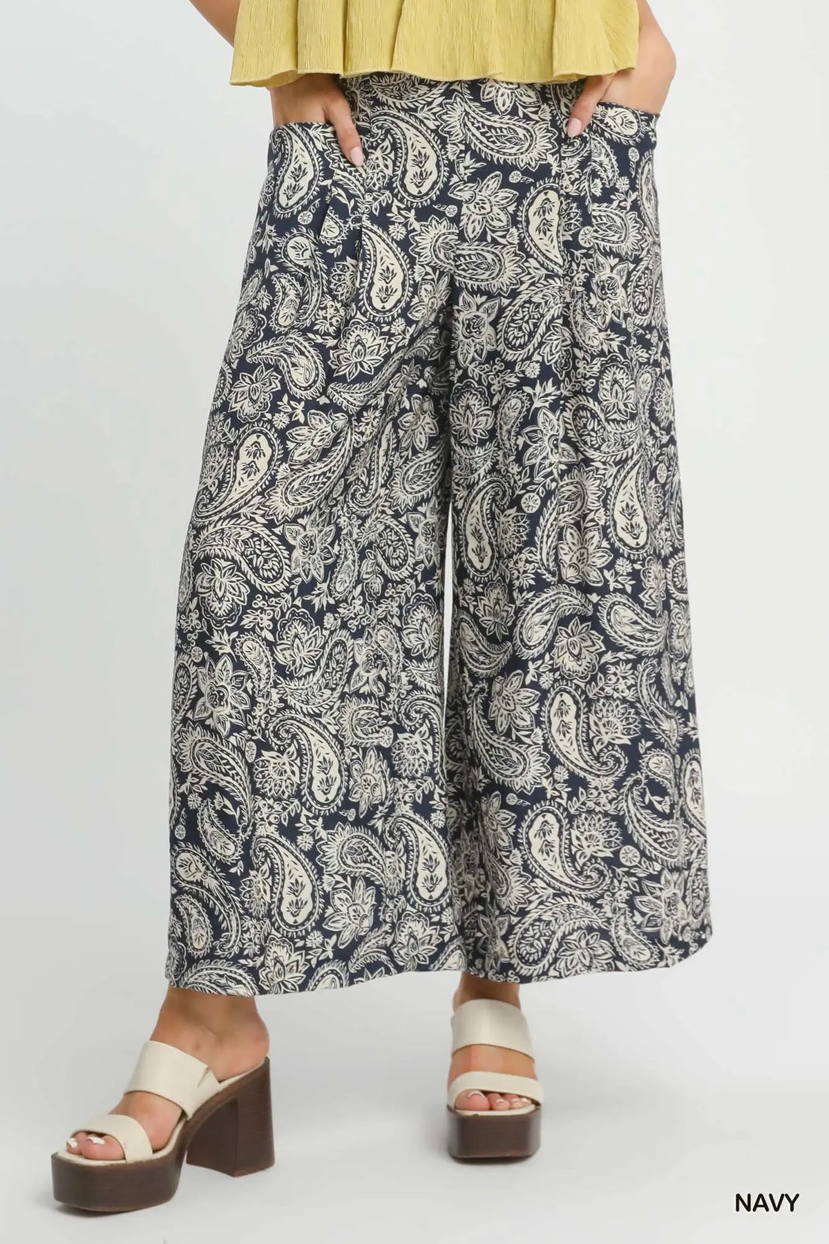Navy Paisley Wide Leg Pants