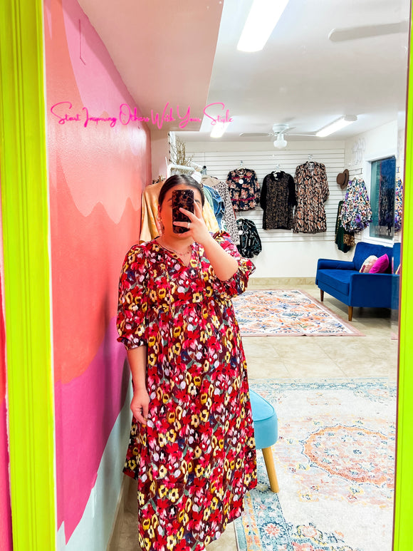 Wine Floral Midi Dress