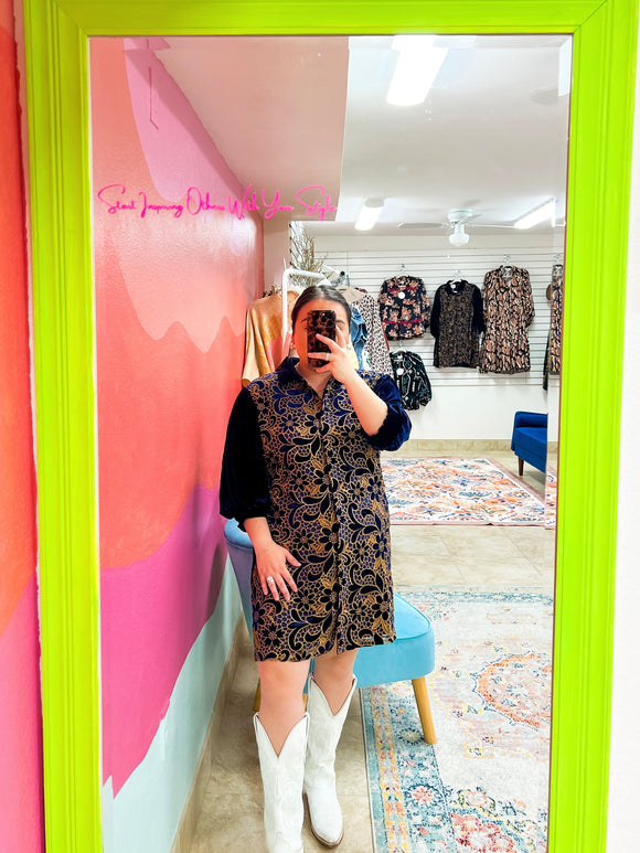 Navy Velvet Embroidered Dress