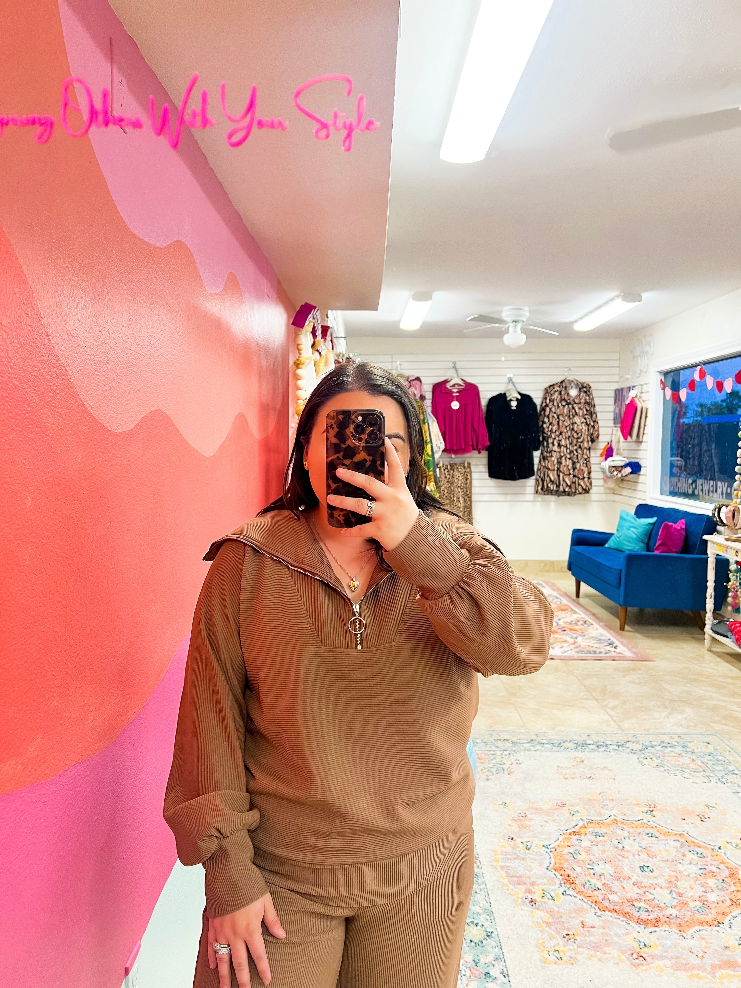 Mocha Ribbed Half Zip Sweater