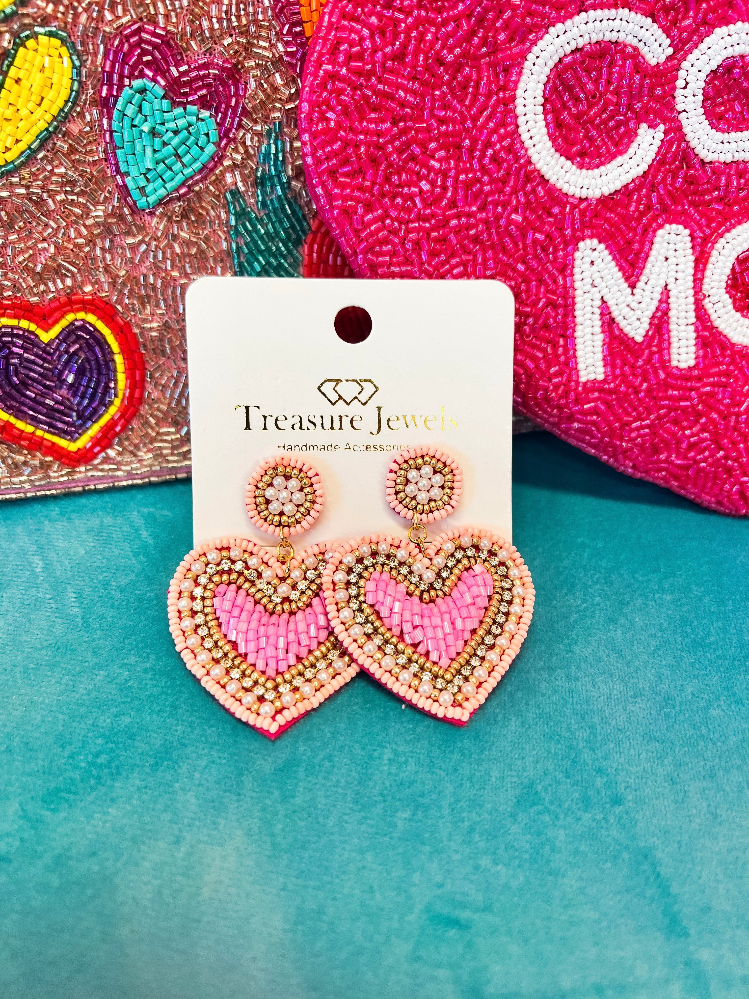 Pink Heart Beaded Earrings