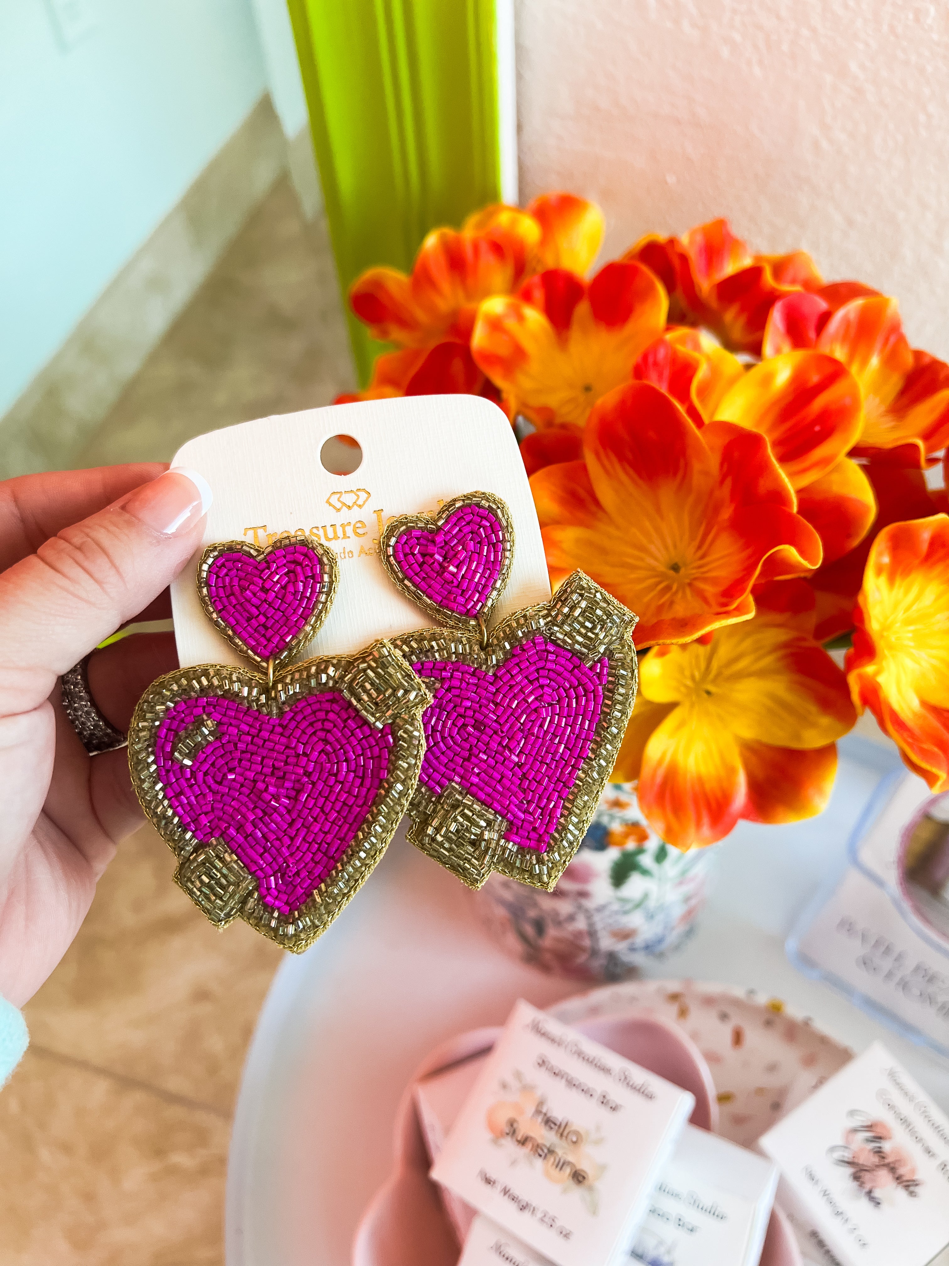 Magenta Heart Beaded Earrings