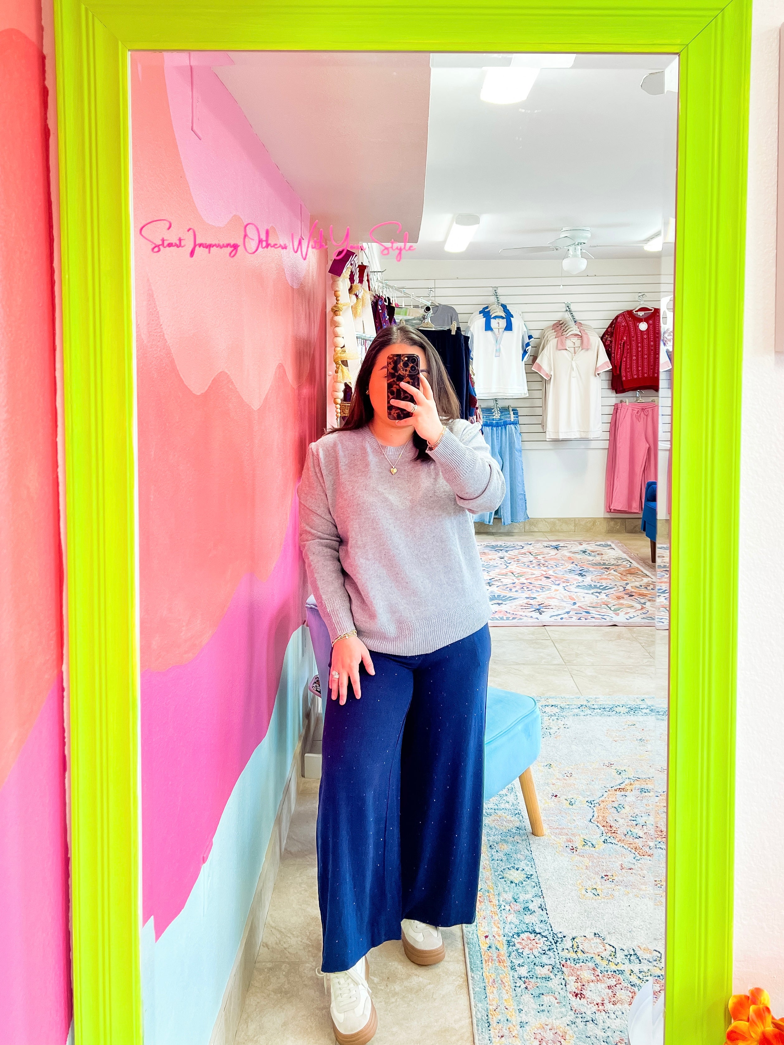 Navy Wide Leg Embellished Pants (S-2X)