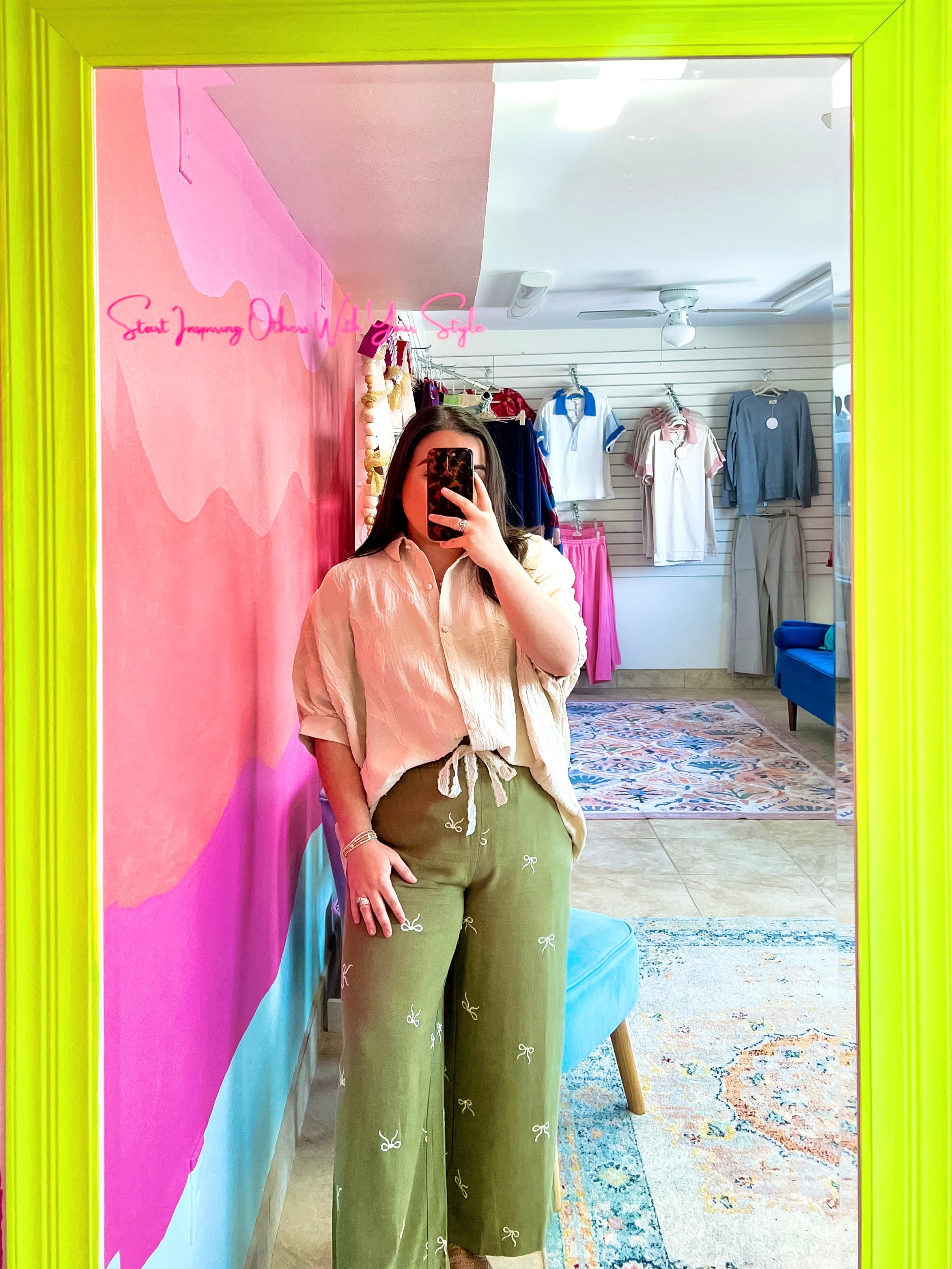 Light Olive Embroidered Linen Pants (S-2X)