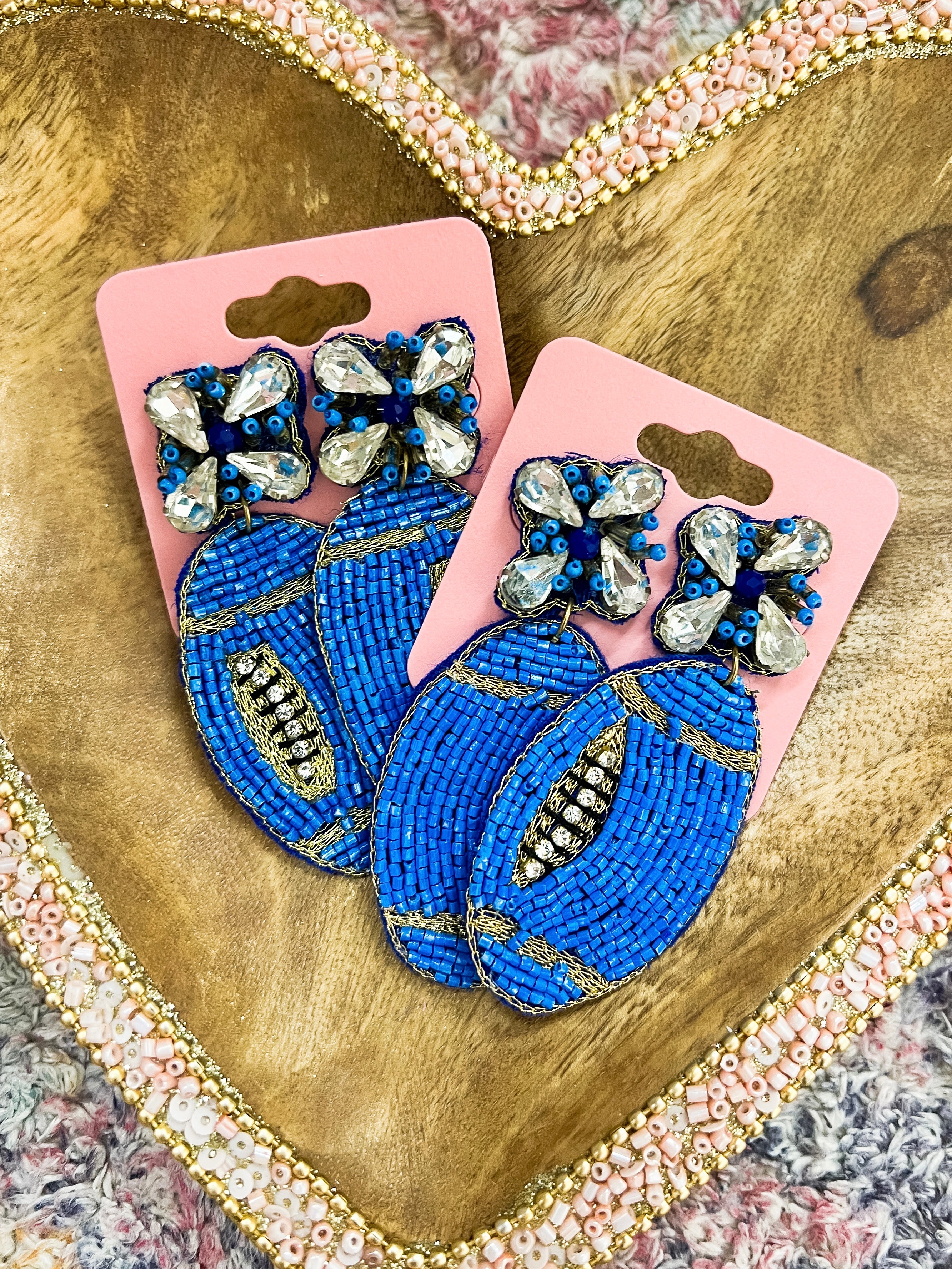 Blue Football Beaded Earrings