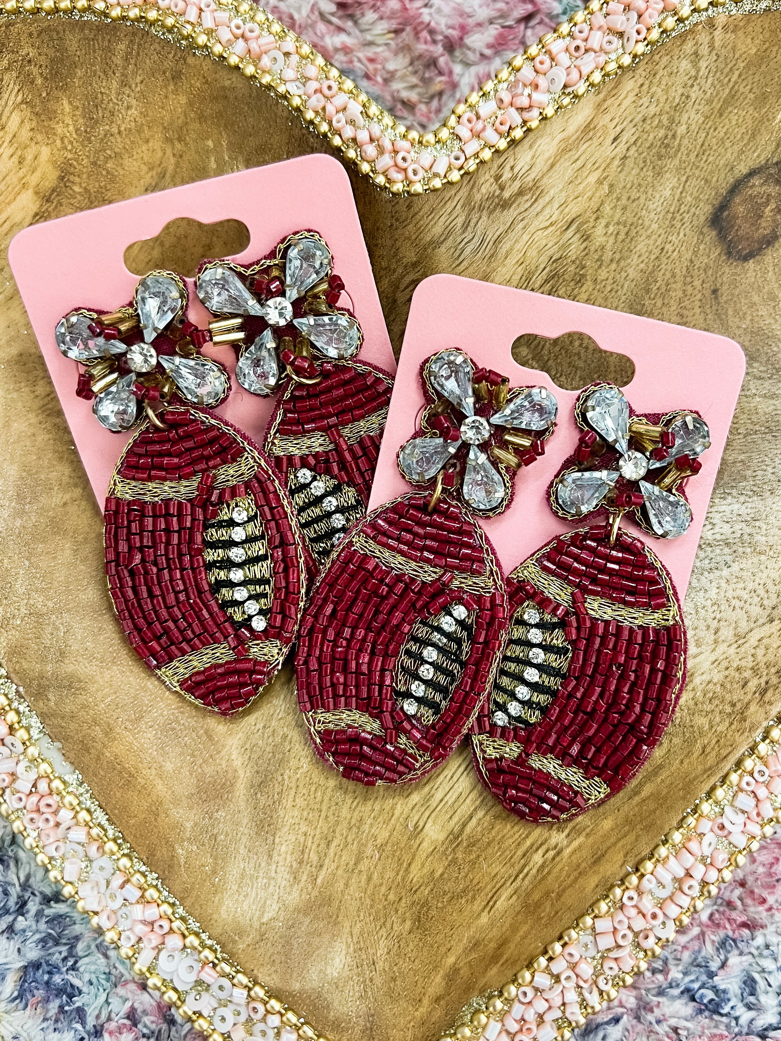 Maroon Football Beaded Earrings