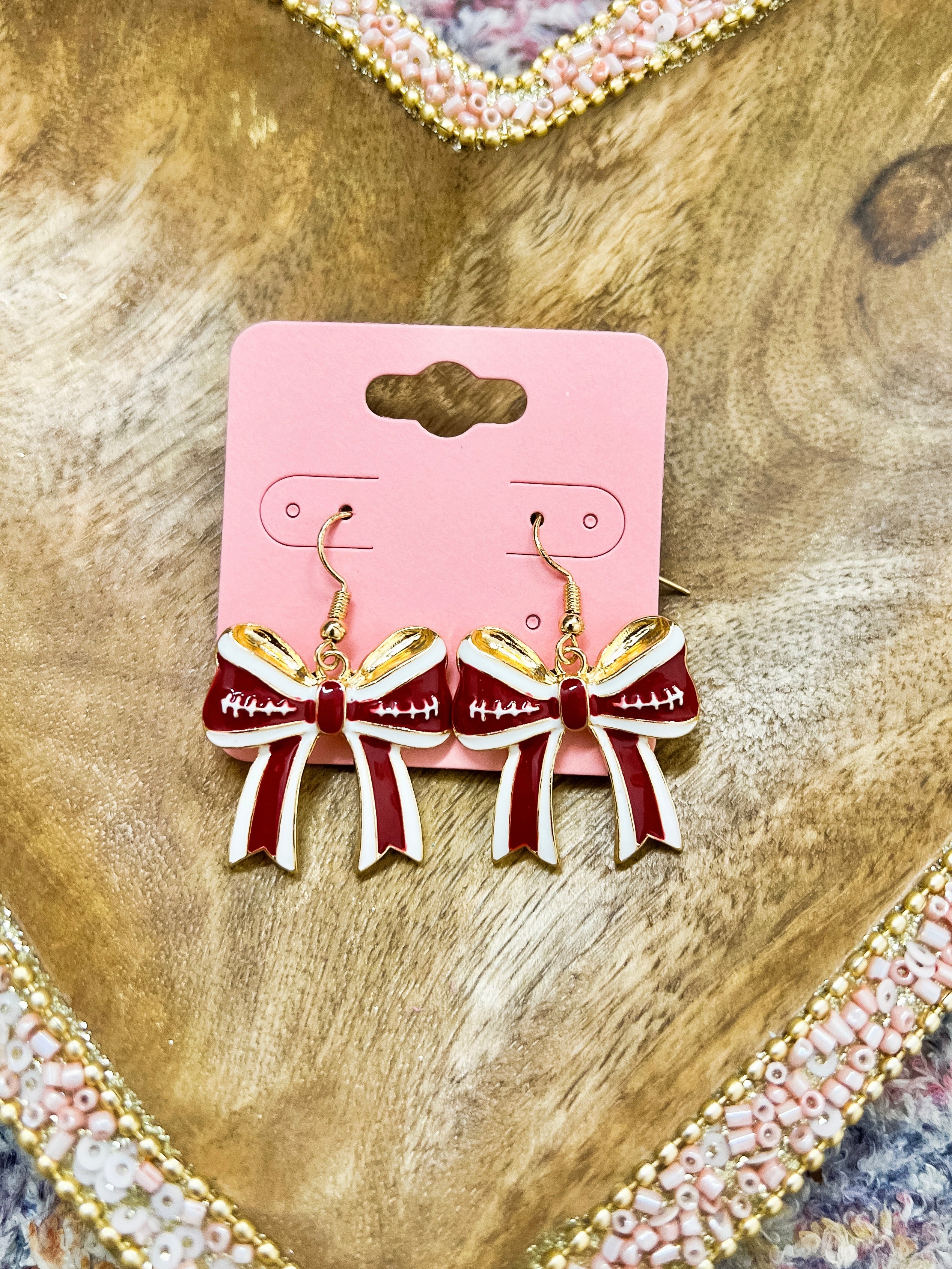 Maroon Football Bow Dangle Earrings