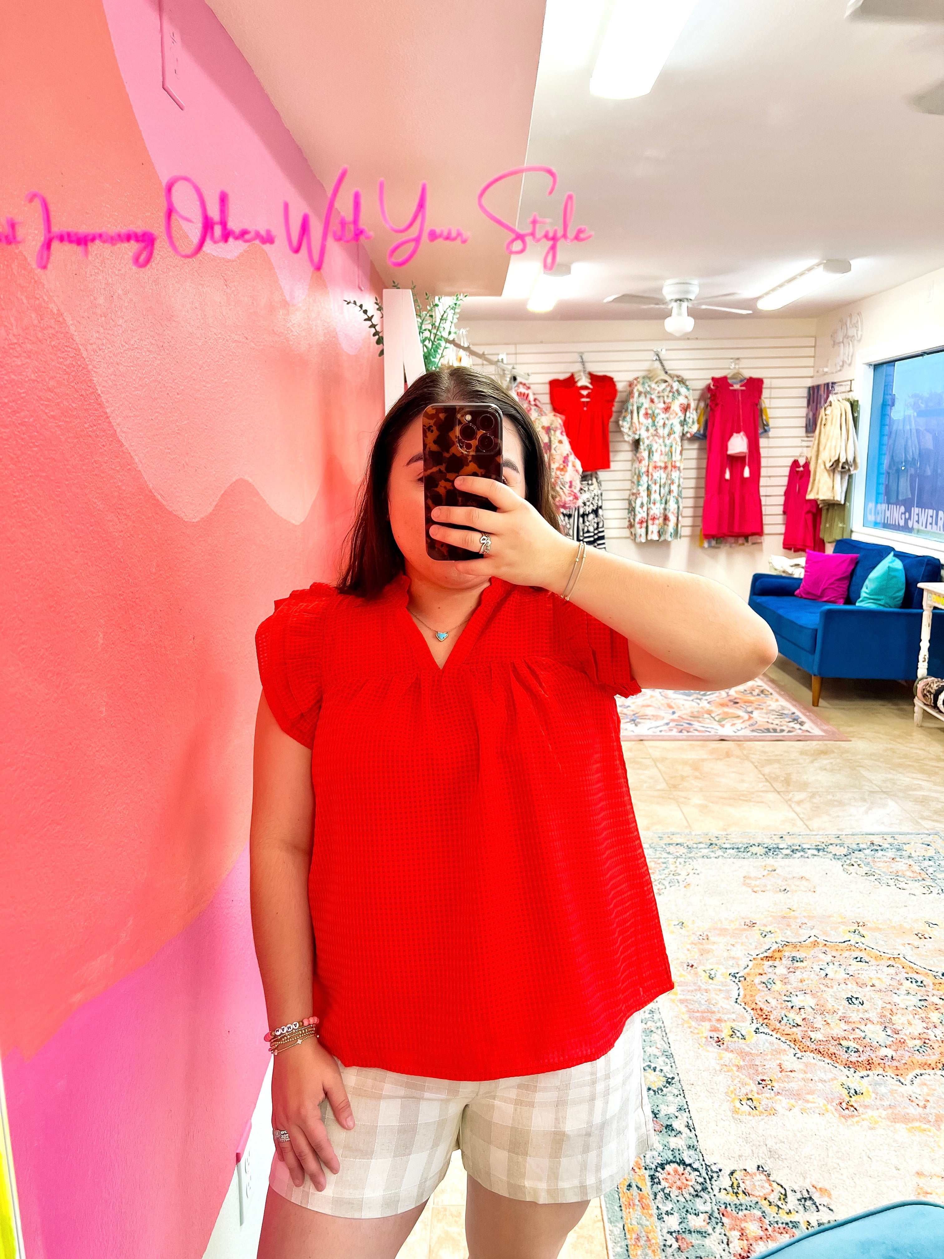 Tomato Red Flutter Sleeve Blouse