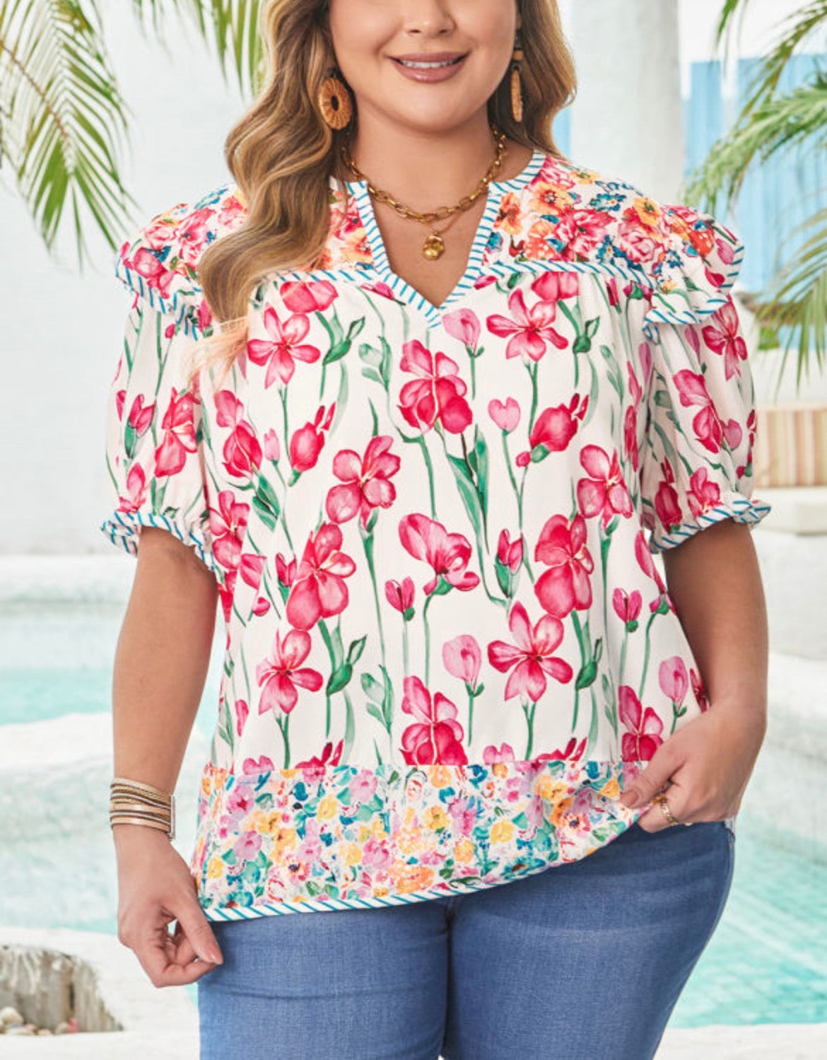 Floral Pin Striped Blouse (S-3X)