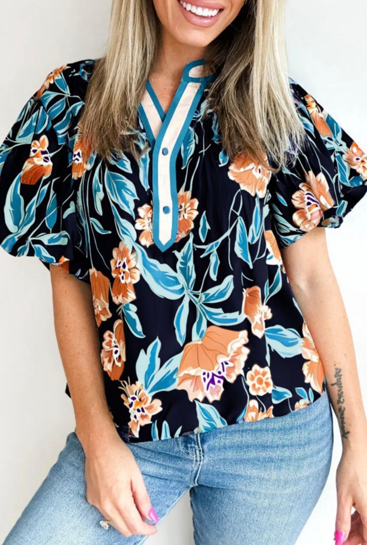 Black Floral Bubble Sleeve Blouse (S-XL)