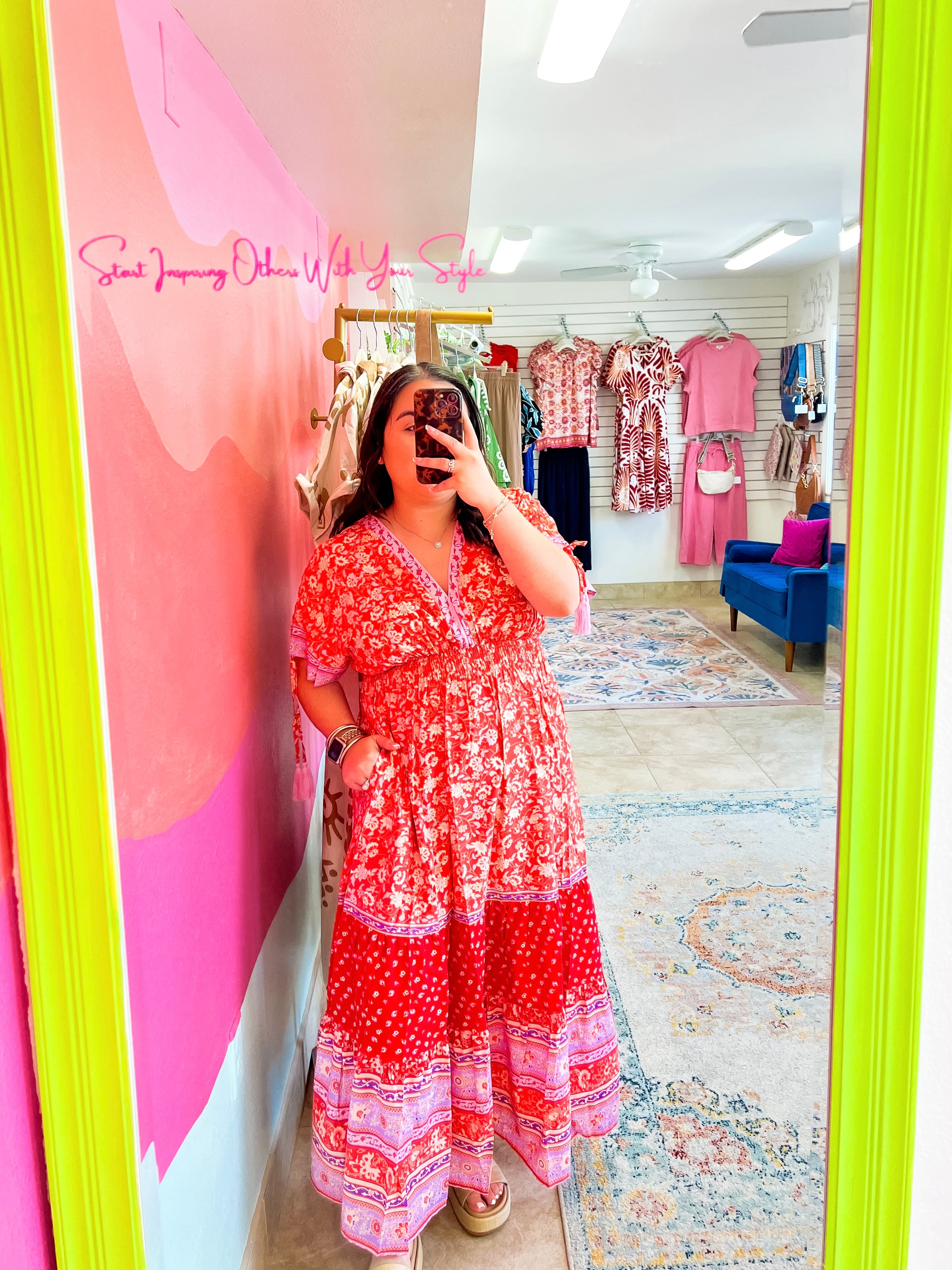 coral boho dress Coral Smocked Maxi Dress with Plunging V Neck for Vacation