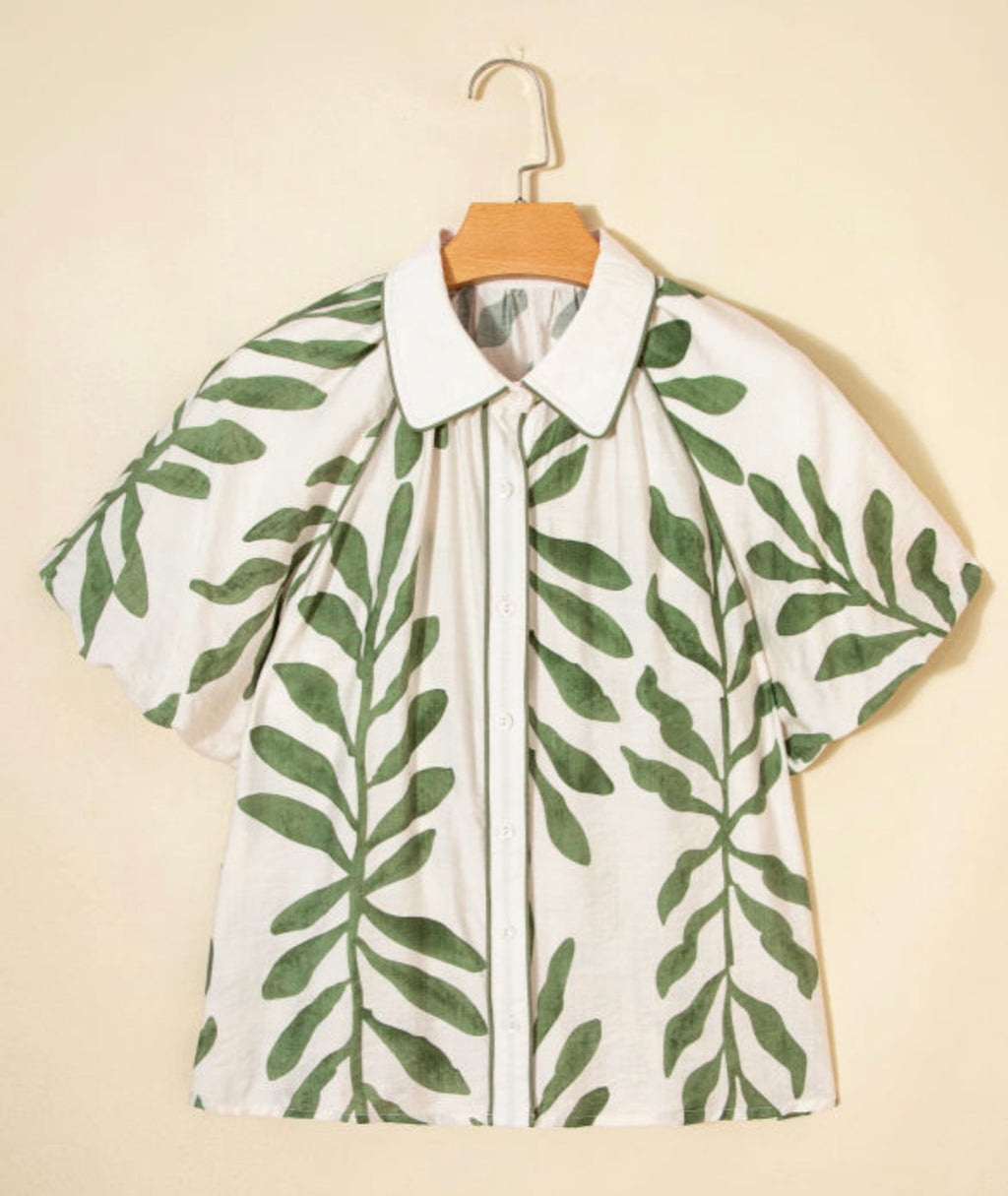 Green Leaf Print Blouse