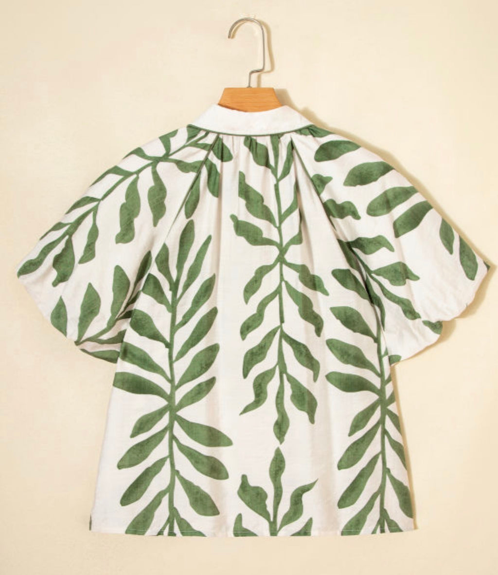 Green Leaf Print Blouse