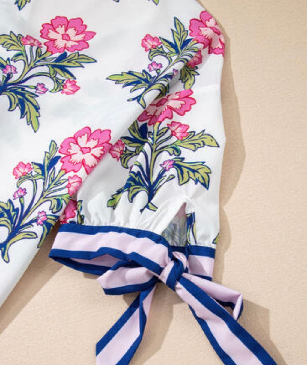 White Floral Tie Sleeve Blouse